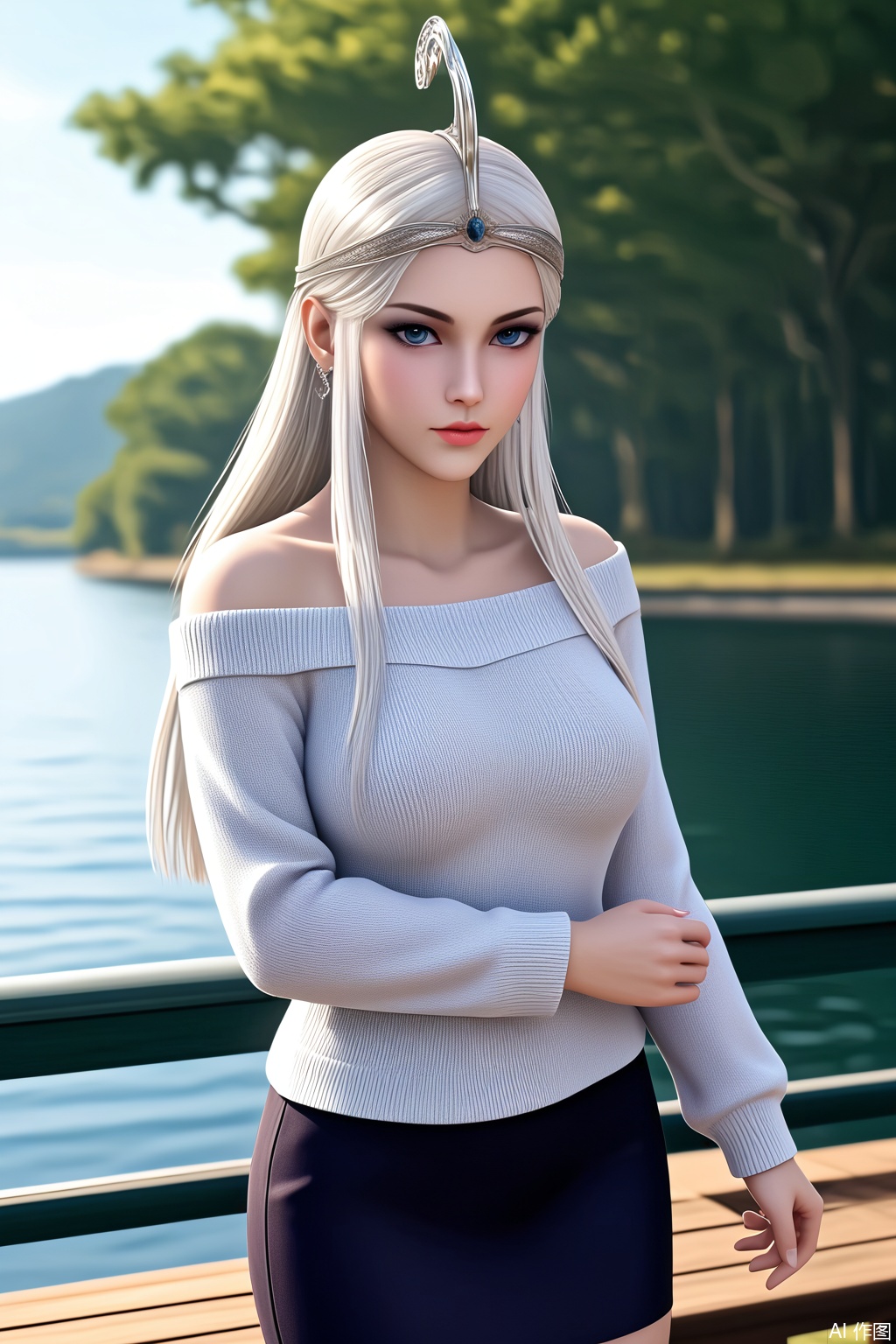 score_9_up , XueNv,1girl, solo, long hair, looking at viewer, blue eyes, jewelry,  white hair, earrings, white sweater,off_shoulders,black pencil skirt, makeup, tiara,outdoor,sunlight,lake,standing on the bridge