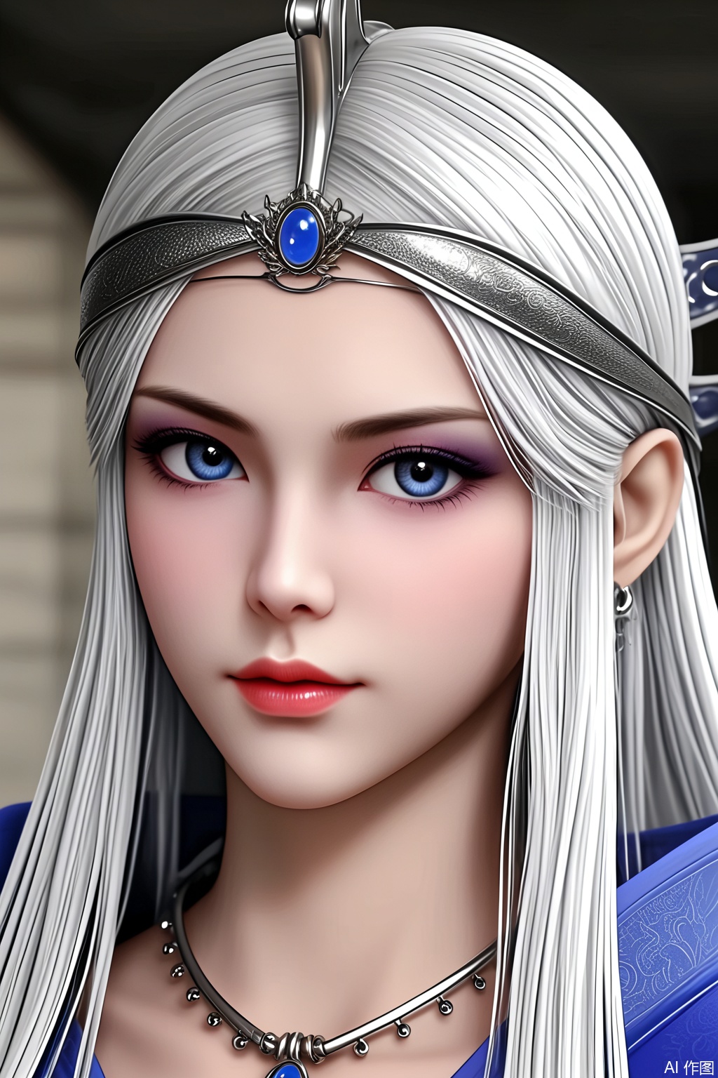 score_9_up , XueNv,1girl, solo, long hair, looking at viewer, blue eyes, jewelry, closed mouth, white hair, earrings, necklace, armor, lips, makeup, tiara, lipstick, portrait