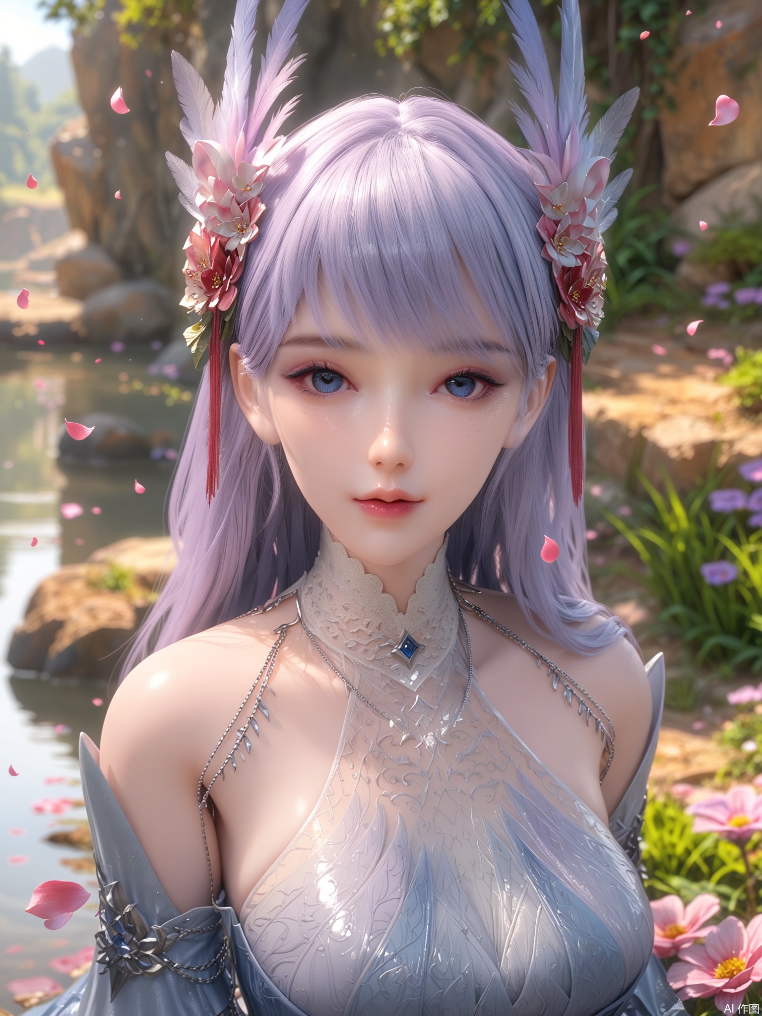 score_9,score_8_up,score_7_up,1girl,looking_at_viewer,realistic,1girl,Vivid Colors,bright environment,delicate water,hair_ornament,shiny skin,reflection,dress,flower sea,falling petals,extreme detail description,(upper body:0.3),put one hand on your side,long_hair,(skindentation:1.3),bright,sunshine on face,light,dress,light,sitting_down,eyes highlight