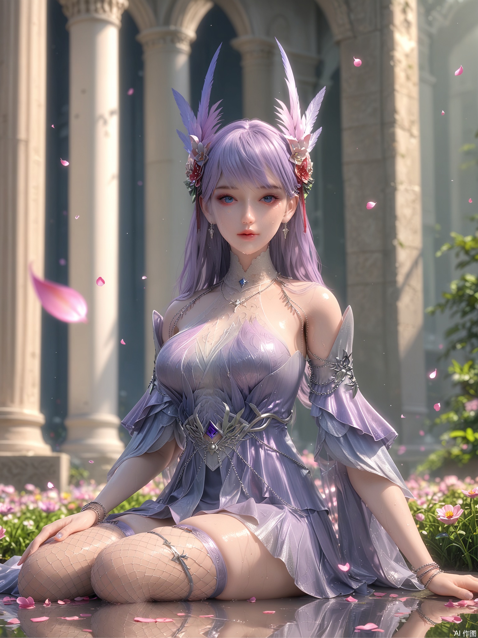 score_9,score_8_up,score_7_up,1girl,looking_at_viewer,realistic,1girl,Vivid Colors,bright environment,delicate water,hair_ornament,shiny skin,shiny hair,reflection,dress,flower sea,falling petals,extreme detail description,(full body:0.3),put one hand on your side,long_hair,(skindentation:1.3),Fishnet stockings,bright,sunshine on face,light,sweating,dress,light,pillar,sitting_down,purple hair