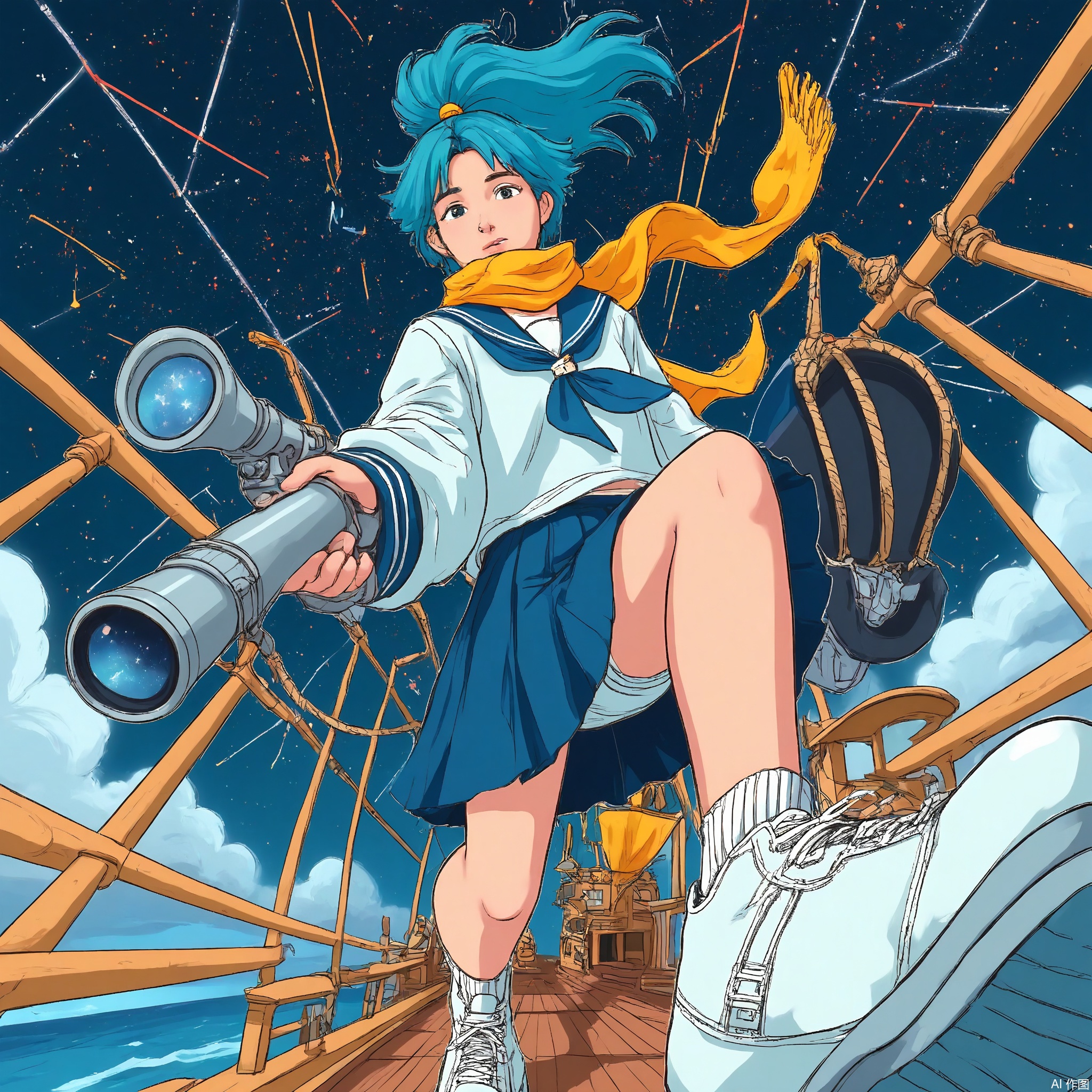 Wide-angle perspective, DTS, A dynamic, low-angle illustration of a character with turquoise hair in a high ponytail, wearing a white and blue sailor uniform, a scarf, and white sneakers. The character is holding a telescope, looking through it towards the viewer as if exploring the stars. The background features a ship's deck with ropes, sails, and a vast, starry sky with constellations. The style is reminiscent of a comic book or graphic novel, with clean, nautical lines and a bright, ocean-inspired color scheme.
