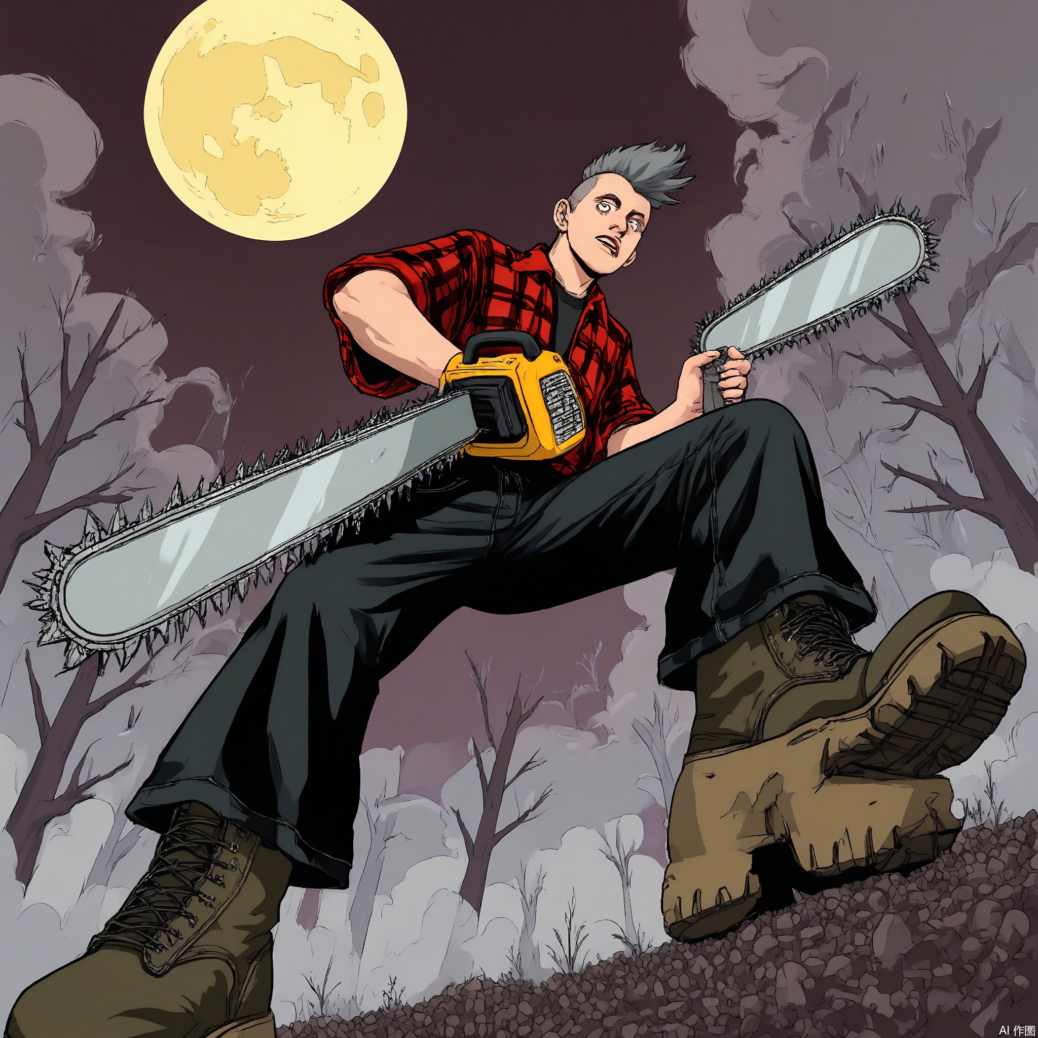 Wide-angle perspective, DTS, A dynamic, low-angle illustration of a character with charcoal-gray hair in a mohawk, wearing a black and red plaid shirt, black jeans, and combat boots. The character is holding a chainsaw, revving it up as they glare towards the viewer. The background depicts a haunted forest with twisted trees, fog, and a full moon in a dark, stormy sky. The style is reminiscent of a comic book or graphic novel, with jagged, menacing lines and a dark, horror-inspired color palette.
