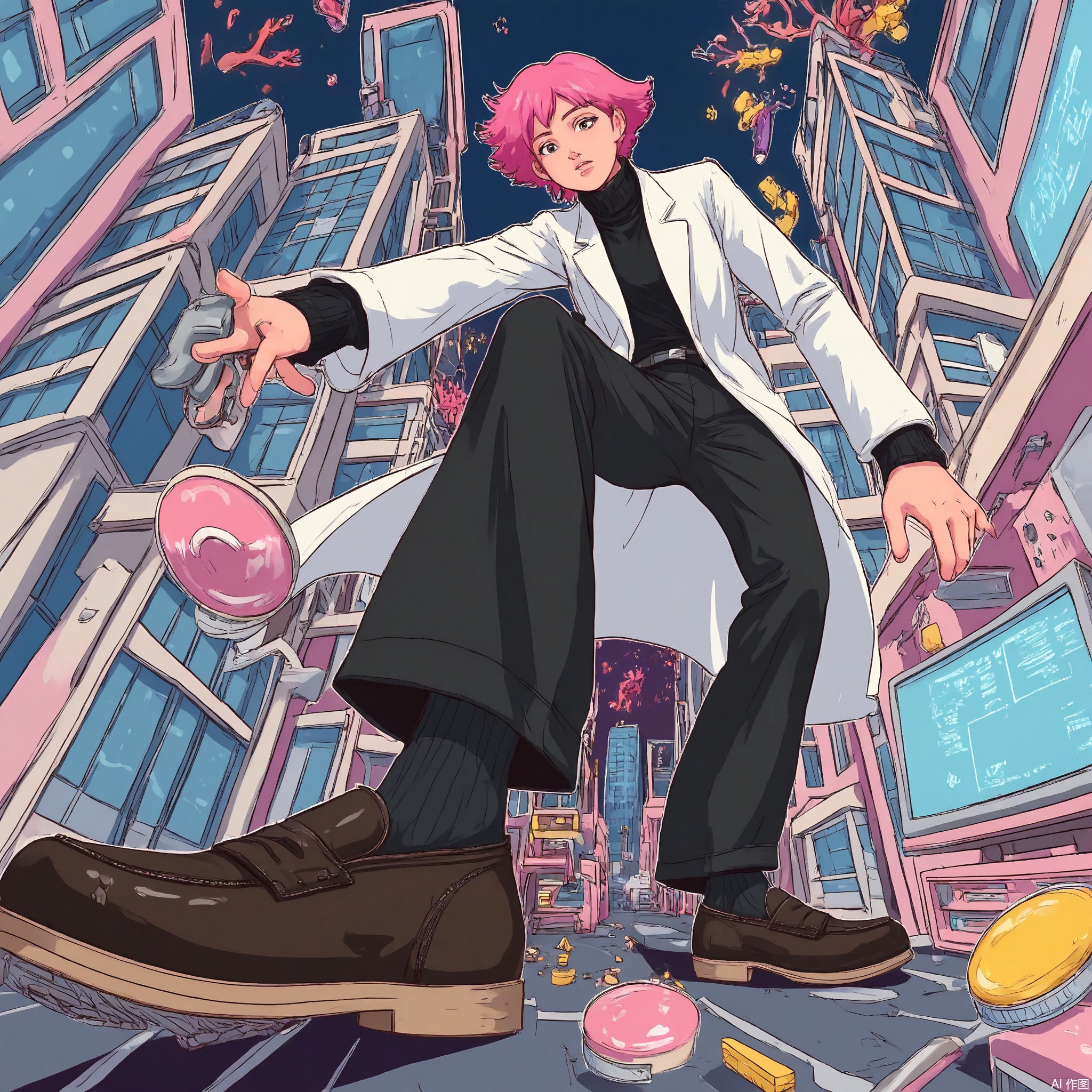 Wide-angle perspective, DTS, A dynamic, low-angle illustration of a character with coral-pink hair in a pixie cut, wearing a white lab coat over a black turtleneck, black pants, and black loafers. The character is holding a microchip, examining it closely as they look towards the viewer. The background features a high-tech office with sleek desks, computers, and a large window overlooking a futuristic cityscape at night. The style is reminiscent of a comic book or graphic novel, with sharp, angular lines and a sleek, modern color scheme.
