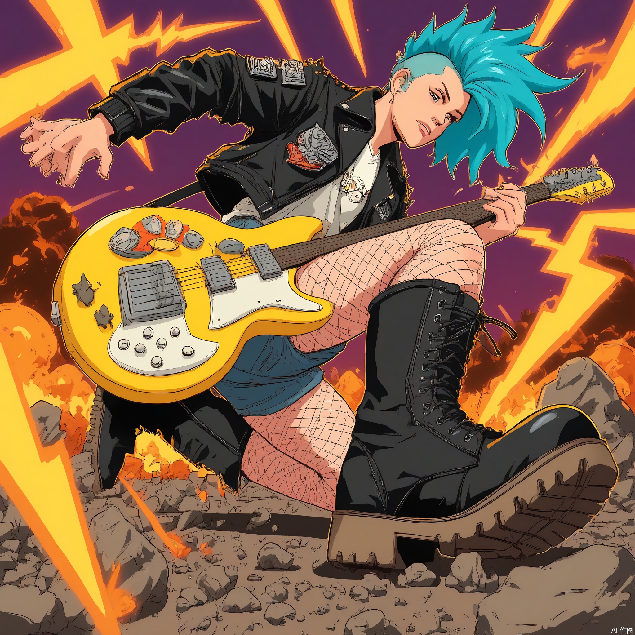 Wide-angle perspective, DTS, A dynamic, low-angle illustration of a character with turquoise hair in a wild, mohawk style, wearing a leather jacket with patches of rock bands, ripped fishnet stockings, and combat boots with spikes. The character is strumming an electric guitar with a lightning bolt design, headbanging as they look towards the viewer with a rebellious glare. The background features a rock concert stage with pyrotechnics, a mosh pit of fans, and a dark, smoky sky with red and orange flames. The style is reminiscent of a comic book or graphic novel, with bold, energetic lines and a fiery, rock 'n' roll color scheme.
