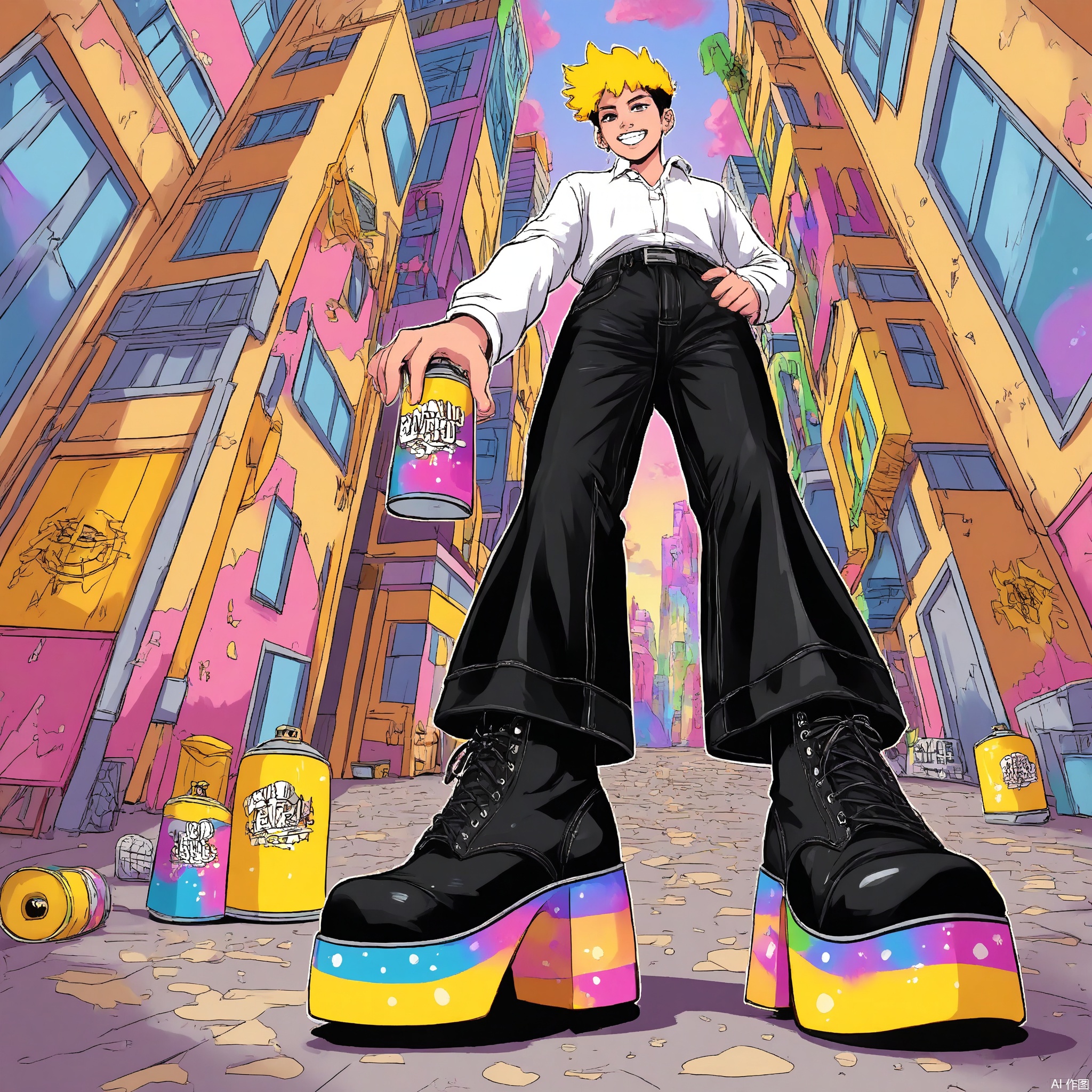 Wide-angle perspective, DTS, A dynamic, low-angle illustration of a character with neon-yellow hair in a spiky undercut, wearing a black and white checkerboard shirt, black leather pants, and platform boots. The character is holding a spray can, shaking it as they look towards the viewer with a mischievous grin. The background depicts a graffiti-covered alley with colorful murals, dumpsters, and a city skyline in the distance. The style is reminiscent of a comic book or graphic novel, with bold, urban lines and a vibrant, street-art-inspired color palette.
