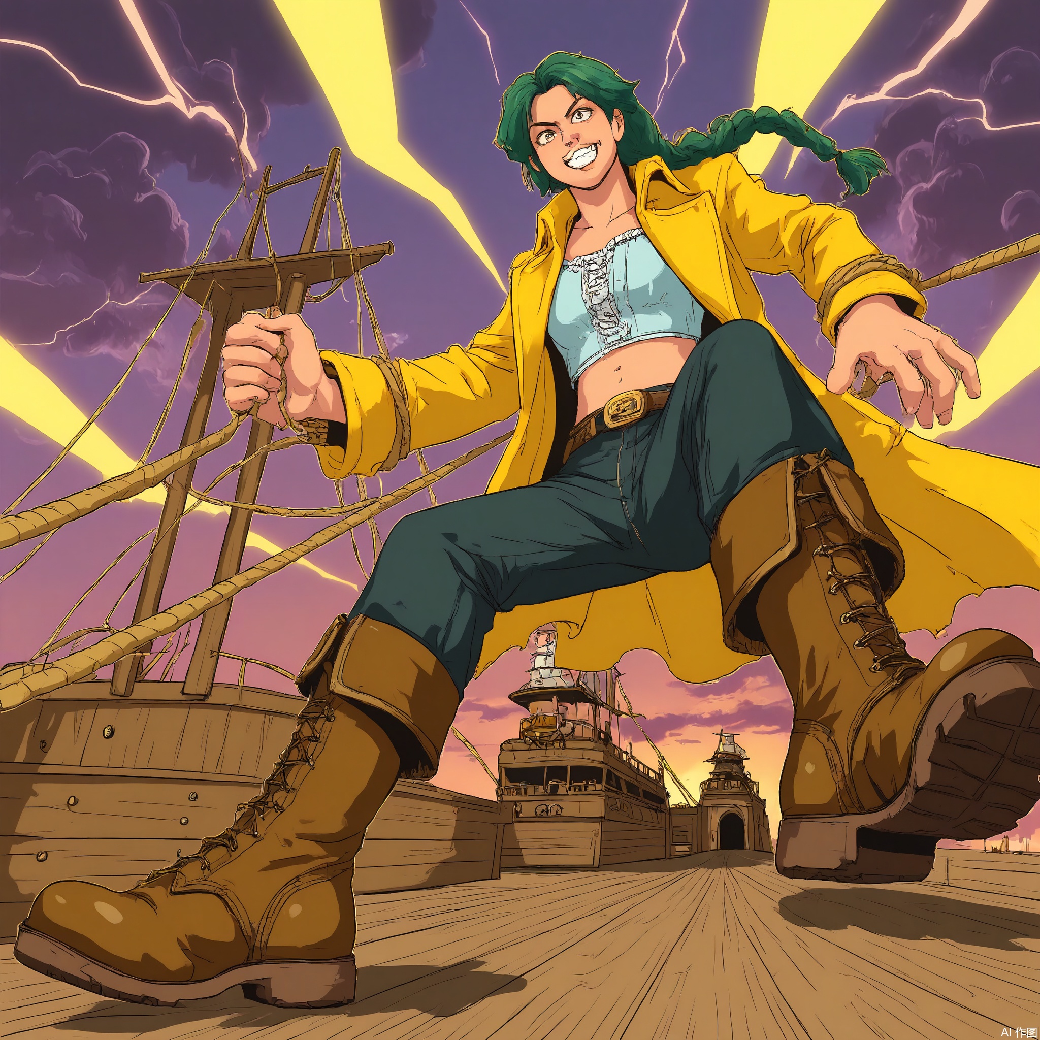 Wide-angle perspective, DTS, A dynamic, low-angle illustration of a character with emerald-green hair in a loose braid, wearing a golden-yellow pirate coat with tattered edges, black breeches, and high-top leather boots. The character is gripping a cutlass, raising it high towards the viewer with a fierce grin. The background showcases a weathered pirate ship's deck with creaking masts, tangled ropes, and a stormy, twilight sky filled with dark clouds and flashes of lightning. The style is reminiscent of a comic book or graphic novel, with bold, rugged lines and a dramatic, swashbuckling color scheme.
