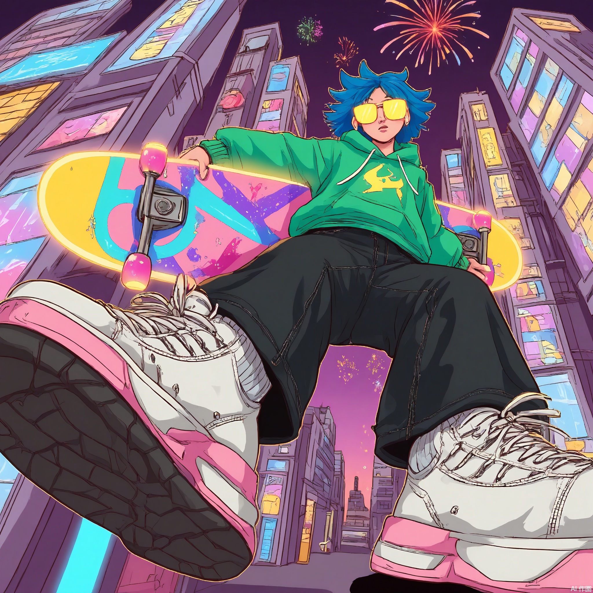 DTS, A dynamic, low-angle illustration of a character with electric-blue hair, wearing a neon-green hoodie, black skinny jeans, and chunky white sneakers. The character is clutching a glowing skateboard, ready to launch off a ramp towards the viewer. The background showcases a sprawling cityscape with neon signs, billboards, and a twilight sky painted in shades of purple and pink, with streaks of light that could be fireworks or energy beams. The style is reminiscent of a comic book or graphic novel, with bold lines and vibrant, electric colors.

