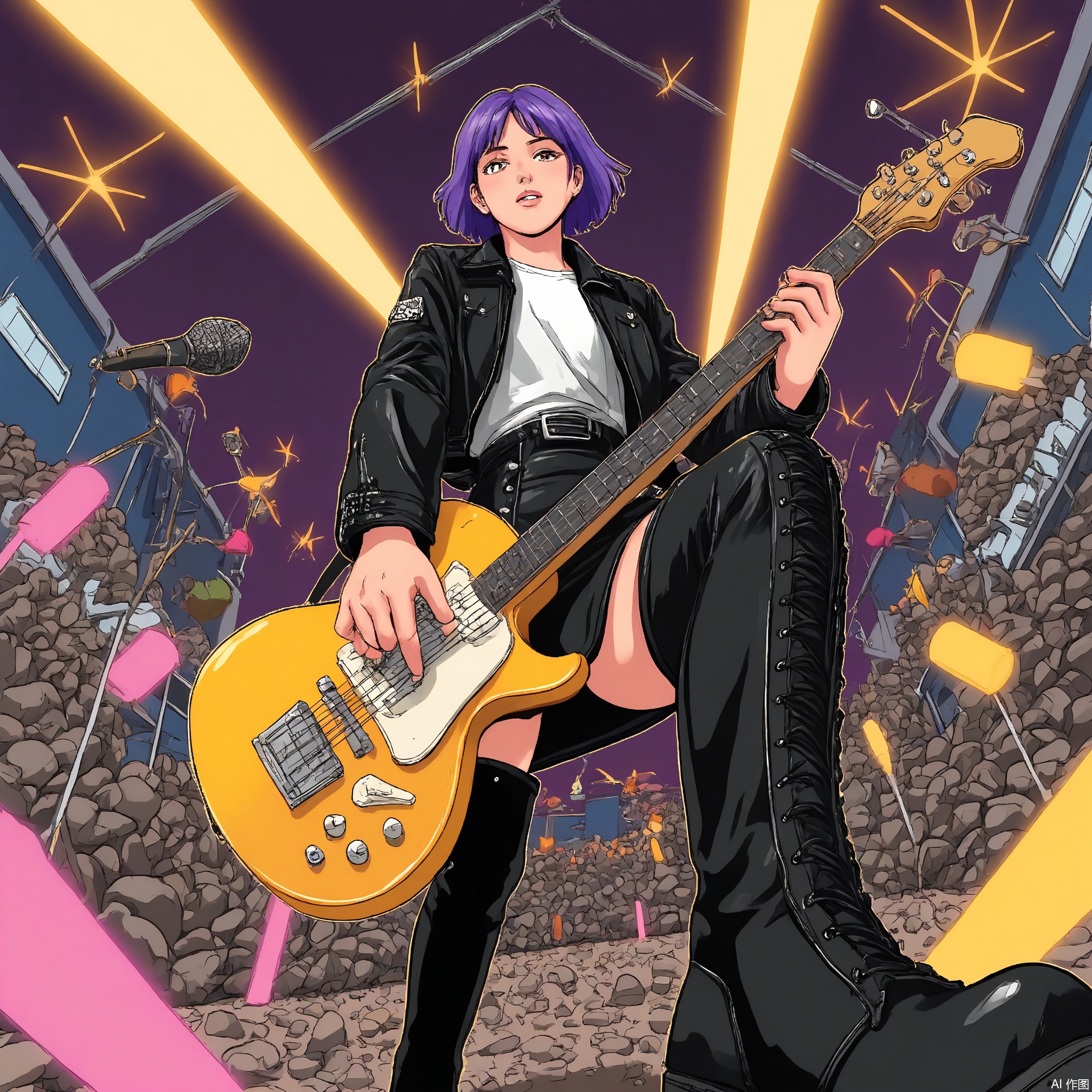 Wide-angle perspective, DTS, A dynamic, low-angle illustration of a character with electric-purple hair in a bob, wearing a black leather jacket, leather skirt, and thigh-high boots. The character is holding a guitar, strumming it passionately as they look towards the viewer. The background showcases a rock concert venue with stage lights, a crowd of fans, and a dark, smoky sky. The style is reminiscent of a comic book or graphic novel, with bold, energetic lines and a vibrant, rock-inspired color palette.
