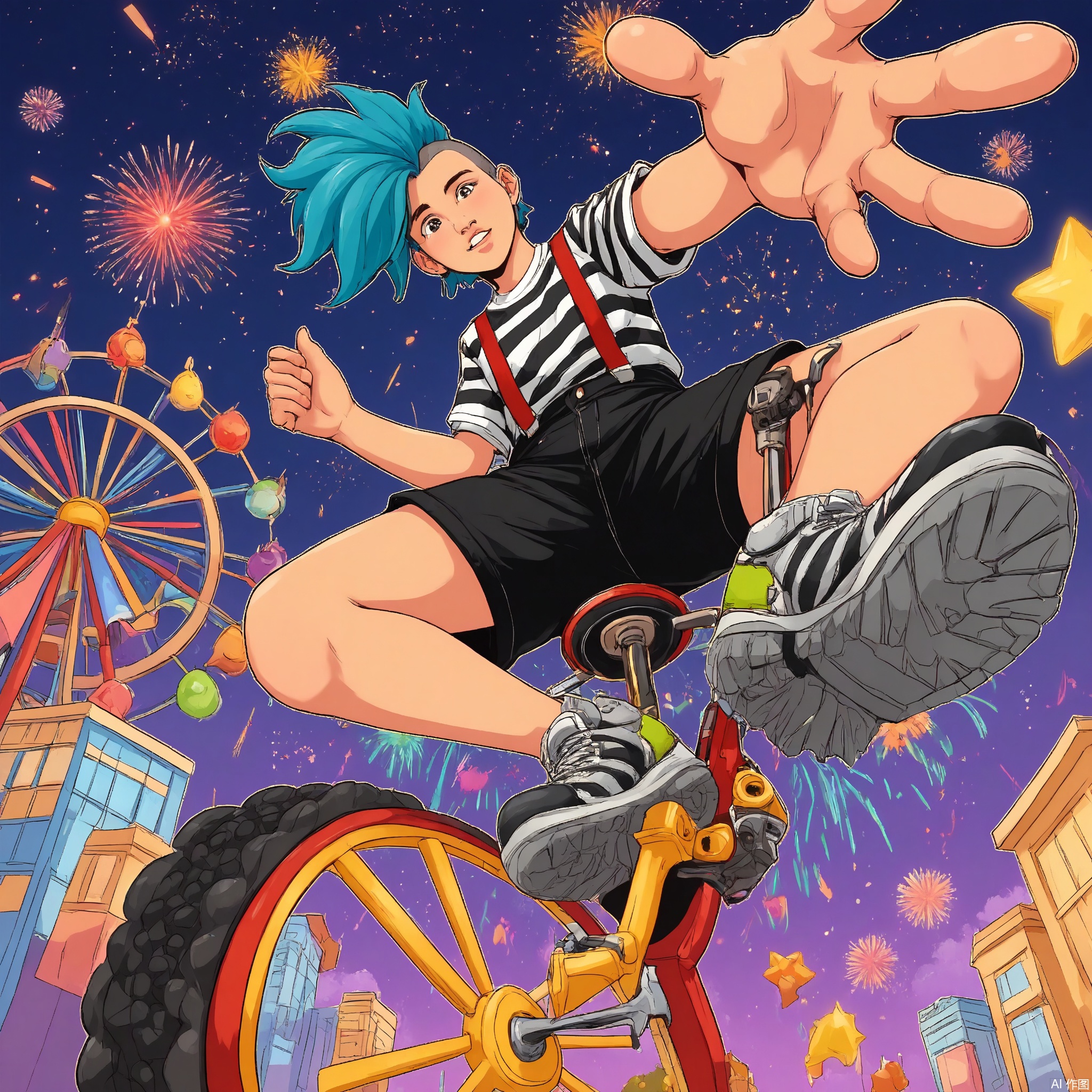 Wide-angle perspective, DTS, A dynamic, low-angle illustration of a character with teal hair in a mohawk, wearing a black and white striped shirt, red suspenders, and black shorts. The character is balancing on a unicycle, one hand holding the handlebars and the other waving towards the viewer. The background depicts a lively carnival with Ferris wheels, roller coasters, and a starry night sky filled with fireworks. The style is reminiscent of a comic book or graphic novel, with bold, playful lines and a bright, carnival-inspired color palette.
