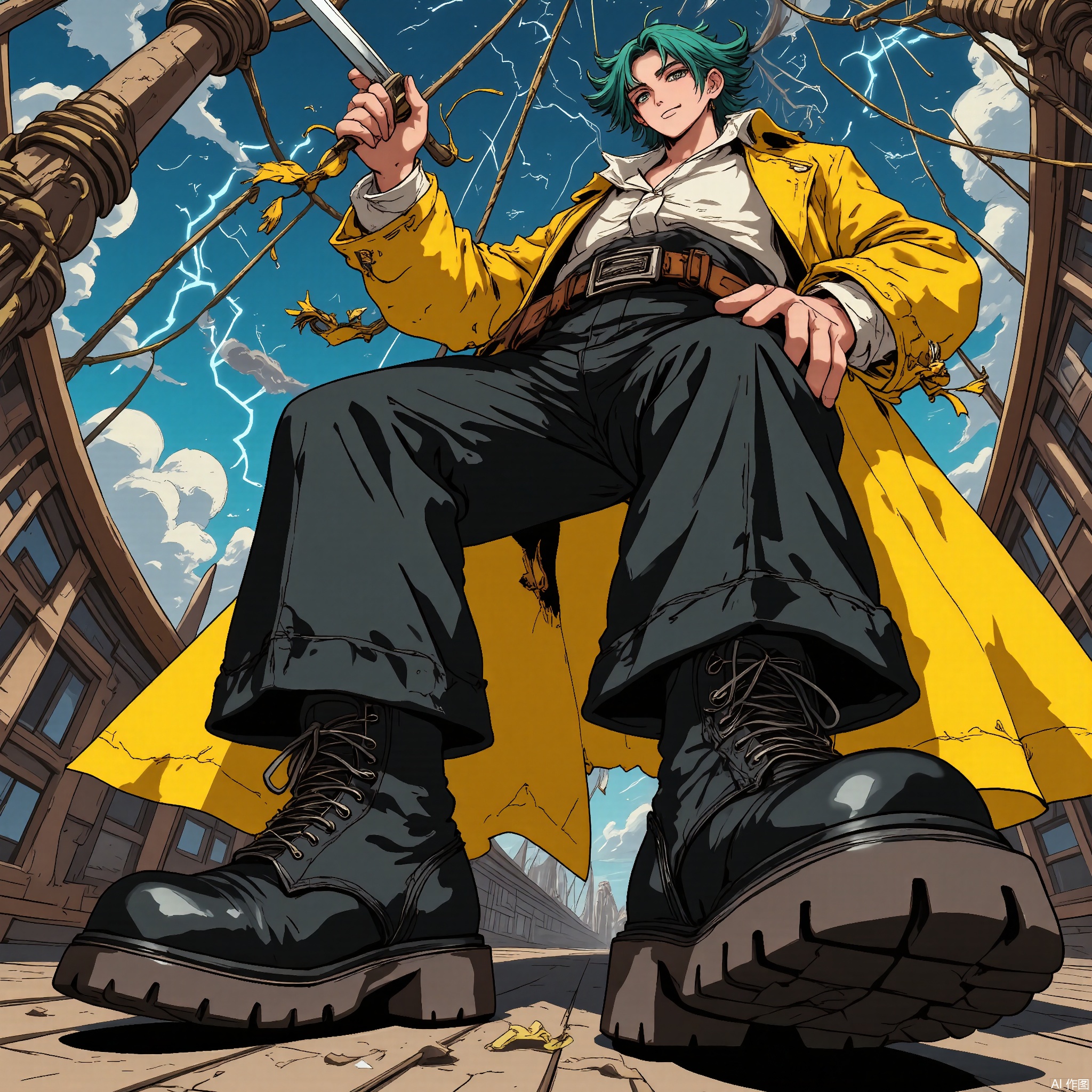 Wide-angle perspective, DTS, A dynamic, low-angle illustration of a character with emerald-green hair in a loose braid, wearing a golden-yellow pirate coat with tattered edges, black breeches, and high-top leather boots. The character is gripping a cutlass, raising it high towards the viewer with a fierce grin. The background showcases a weathered pirate ship's deck with creaking masts, tangled ropes, and a stormy, twilight sky filled with dark clouds and flashes of lightning. The style is reminiscent of a comic book or graphic novel, with bold, rugged lines and a dramatic, swashbuckling color scheme.

