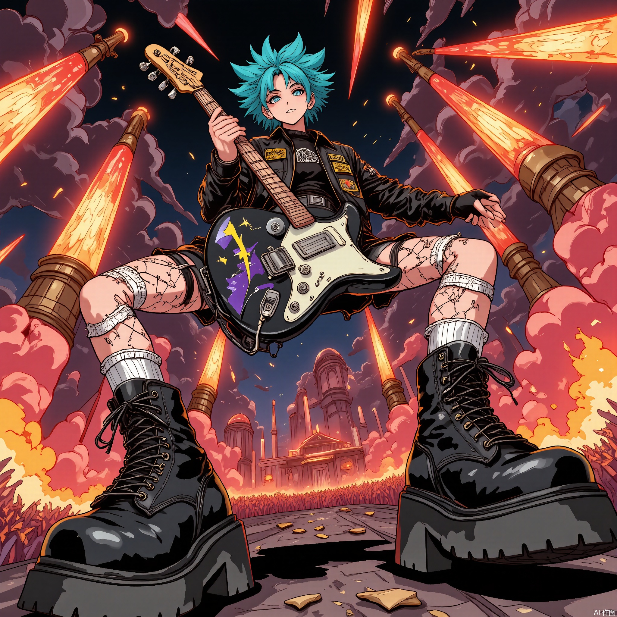 Wide-angle perspective, DTS, A dynamic, low-angle illustration of a character with turquoise hair in a wild, mohawk style, wearing a leather jacket with patches of rock bands, ripped fishnet stockings, and combat boots with spikes. The character is strumming an electric guitar with a lightning bolt design, headbanging as they look towards the viewer with a rebellious glare. The background features a rock concert stage with pyrotechnics, a mosh pit of fans, and a dark, smoky sky with red and orange flames. The style is reminiscent of a comic book or graphic novel, with bold, energetic lines and a fiery, rock 'n' roll color scheme.
