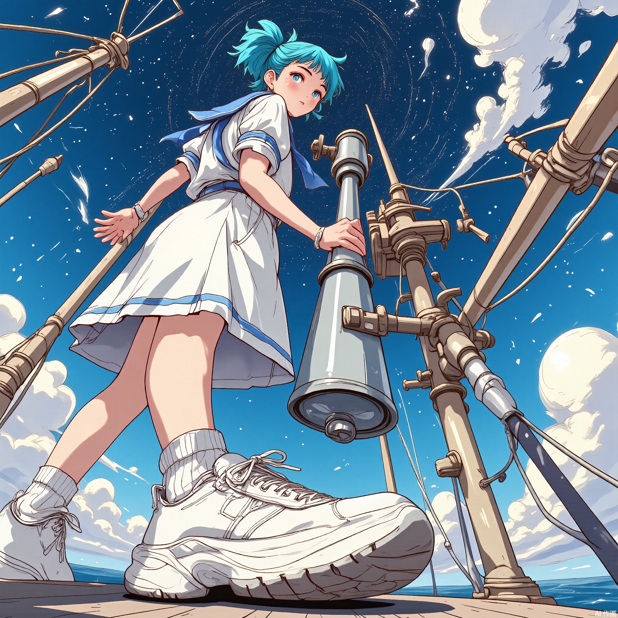 Wide-angle perspective, DTS, A dynamic, low-angle illustration of a character with turquoise hair in a high ponytail, wearing a white and blue sailor uniform, a scarf, and white sneakers. The character is holding a telescope, looking through it towards the viewer as if exploring the stars. The background features a ship's deck with ropes, sails, and a vast, starry sky with constellations. The style is reminiscent of a comic book or graphic novel, with clean, nautical lines and a bright, ocean-inspired color scheme.
