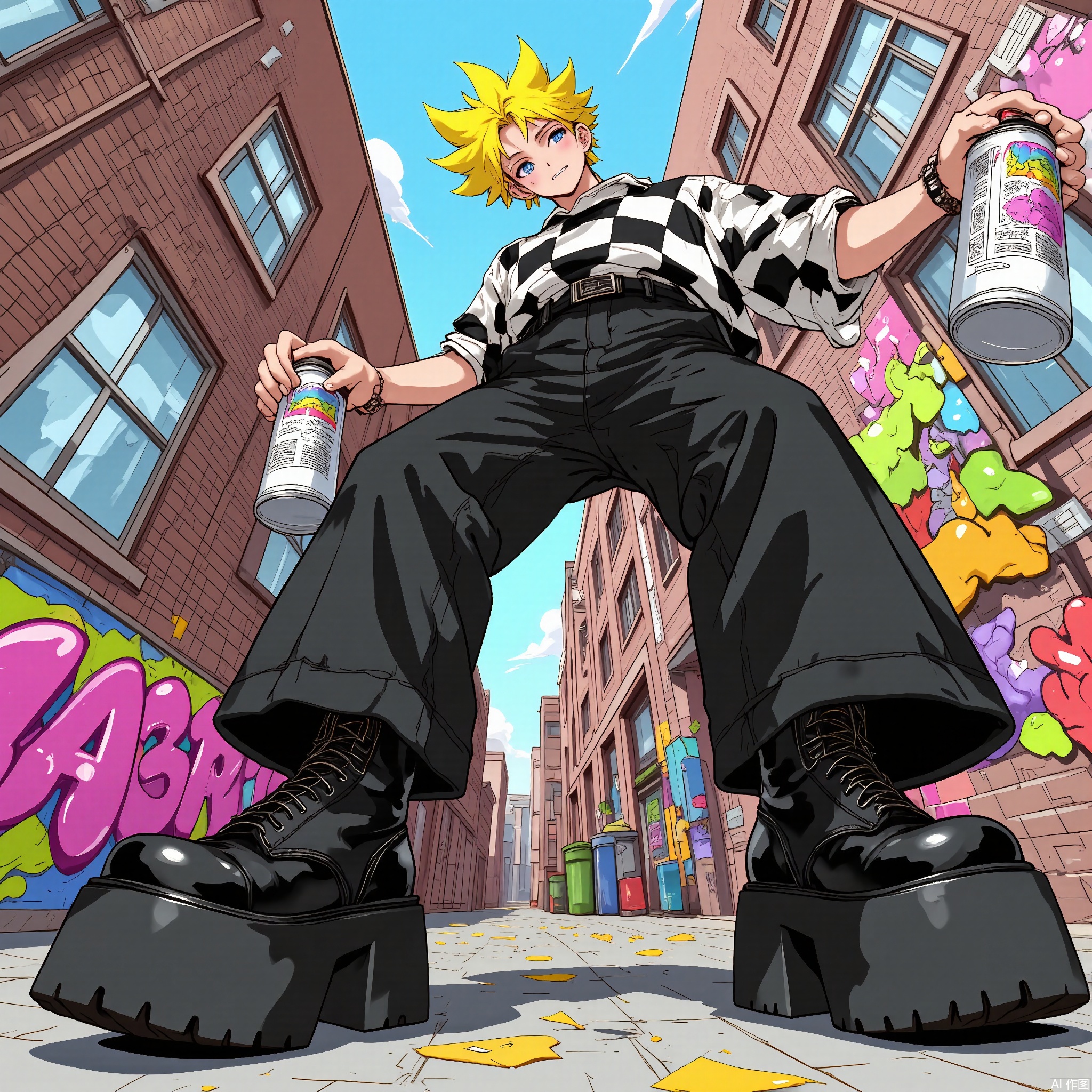 Wide-angle perspective, DTS, A dynamic, low-angle illustration of a character with neon-yellow hair in a spiky undercut, wearing a black and white checkerboard shirt, black leather pants, and platform boots. The character is holding a spray can, shaking it as they look towards the viewer with a mischievous grin. The background depicts a graffiti-covered alley with colorful murals, dumpsters, and a city skyline in the distance. The style is reminiscent of a comic book or graphic novel, with bold, urban lines and a vibrant, street-art-inspired color palette.
