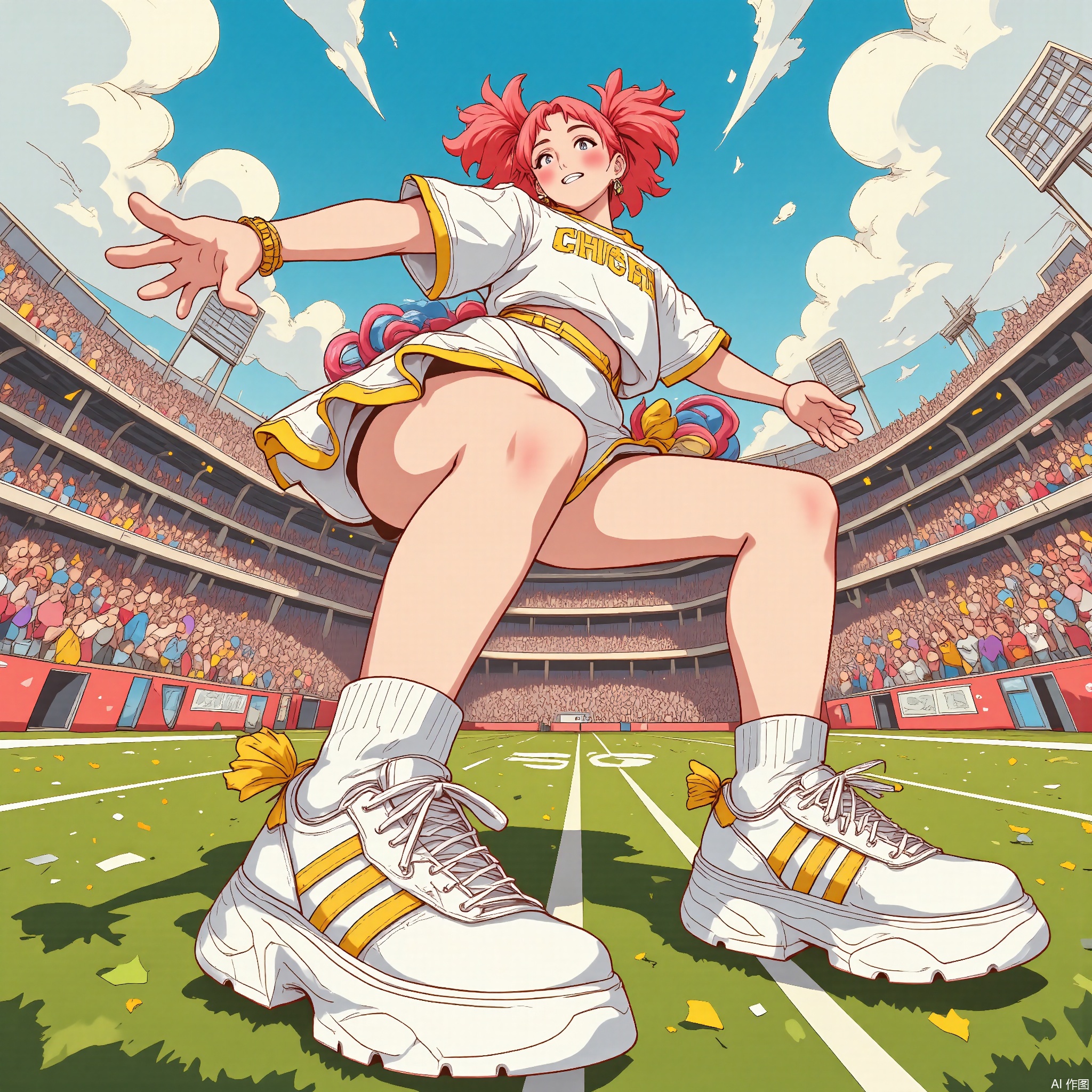 Wide-angle perspective, DTS, A dynamic, low-angle illustration of a character with coral-red hair in a high ponytail, wearing a white and gold cheerleading uniform with pom-poms, and knee-high white socks. The character is jumping in the air, one leg extended towards the viewer with a big, enthusiastic smile. The background features a high school football stadium with crowds of fans, a scoreboard, and a bright, sunny sky. The style is reminiscent of a comic book or graphic novel, with lively, energetic lines and a bright, cheerleading-inspired color scheme.
