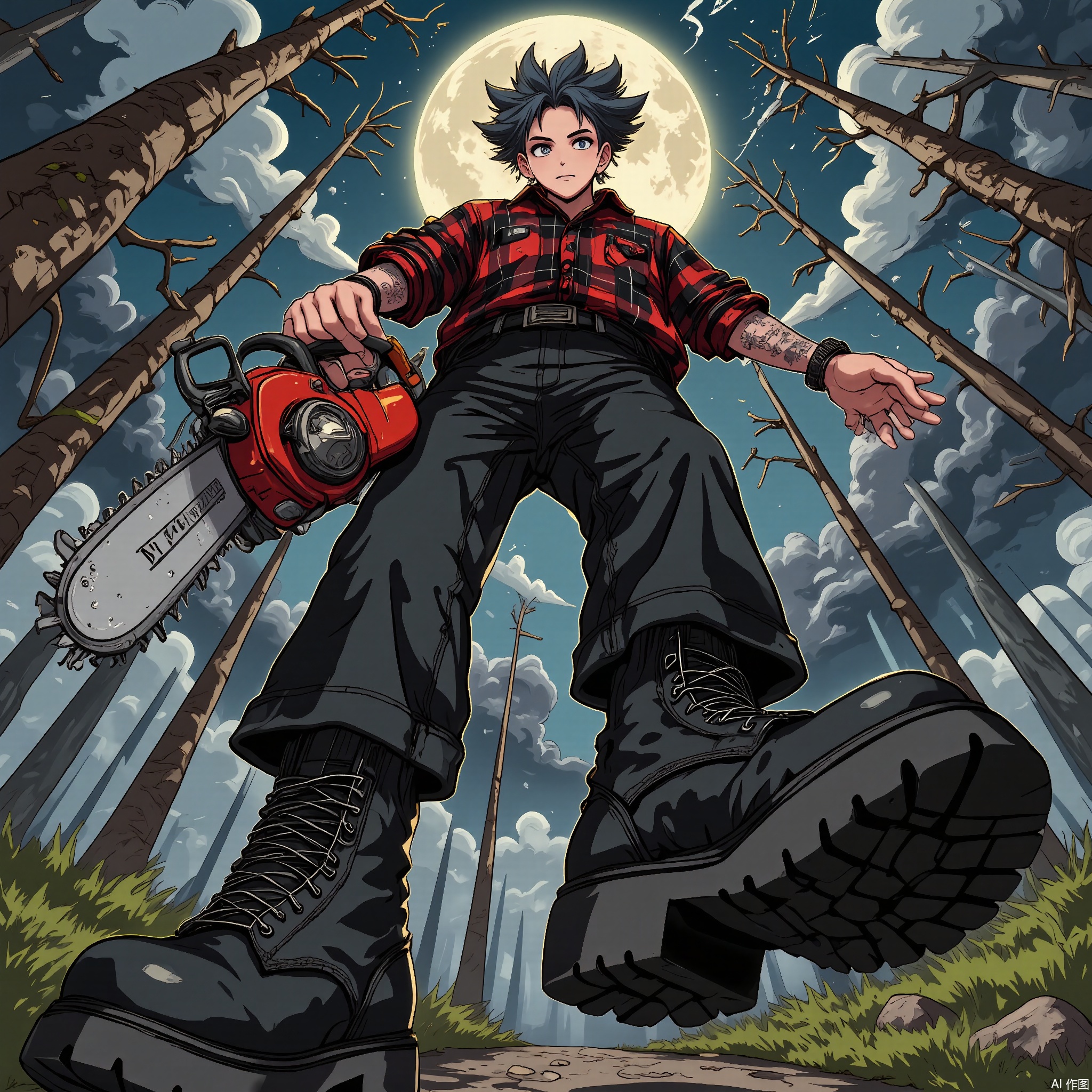 Wide-angle perspective, DTS, A dynamic, low-angle illustration of a character with charcoal-gray hair in a mohawk, wearing a black and red plaid shirt, black jeans, and combat boots. The character is holding a chainsaw, revving it up as they glare towards the viewer. The background depicts a haunted forest with twisted trees, fog, and a full moon in a dark, stormy sky. The style is reminiscent of a comic book or graphic novel, with jagged, menacing lines and a dark, horror-inspired color palette.
