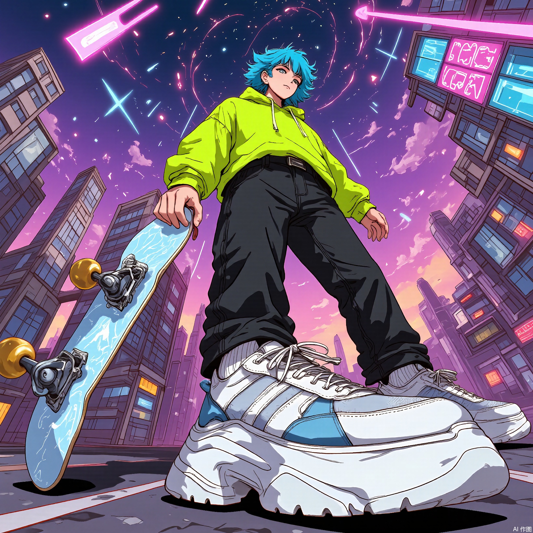 DTS, A dynamic, low-angle illustration of a character with electric-blue hair, wearing a neon-green hoodie, black skinny jeans, and chunky white sneakers. The character is clutching a glowing skateboard, ready to launch off a ramp towards the viewer. The background showcases a sprawling cityscape with neon signs, billboards, and a twilight sky painted in shades of purple and pink, with streaks of light that could be fireworks or energy beams. The style is reminiscent of a comic book or graphic novel, with bold lines and vibrant, electric colors.
