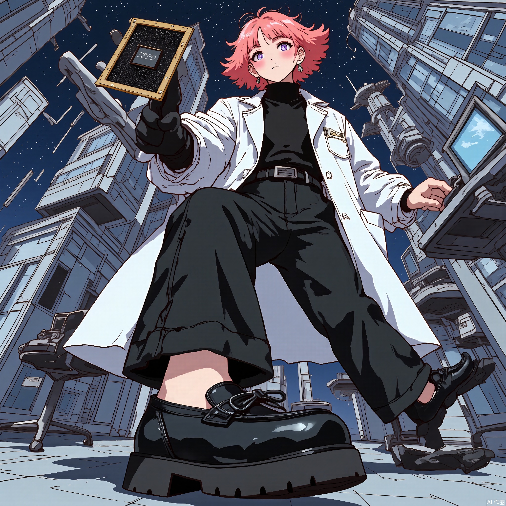 Wide-angle perspective, DTS, A dynamic, low-angle illustration of a character with coral-pink hair in a pixie cut, wearing a white lab coat over a black turtleneck, black pants, and black loafers. The character is holding a microchip, examining it closely as they look towards the viewer. The background features a high-tech office with sleek desks, computers, and a large window overlooking a futuristic cityscape at night. The style is reminiscent of a comic book or graphic novel, with sharp, angular lines and a sleek, modern color scheme.
