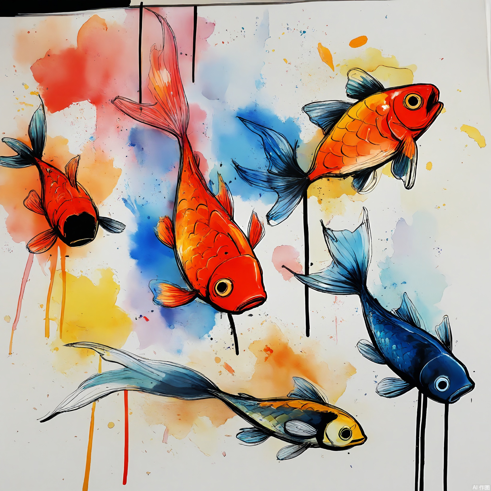 PMSC, A lively, Chinese ink-wash watercolor painting of a koi fish leaping out of water, featuring a vibrant orange and white color palette with bold black accents. The fish's scales are depicted with dynamic, energetic brushwork, showcasing its vitality and strength. The white background provides a clean contrast, making the koi fish the center of attention in this spirited composition.
