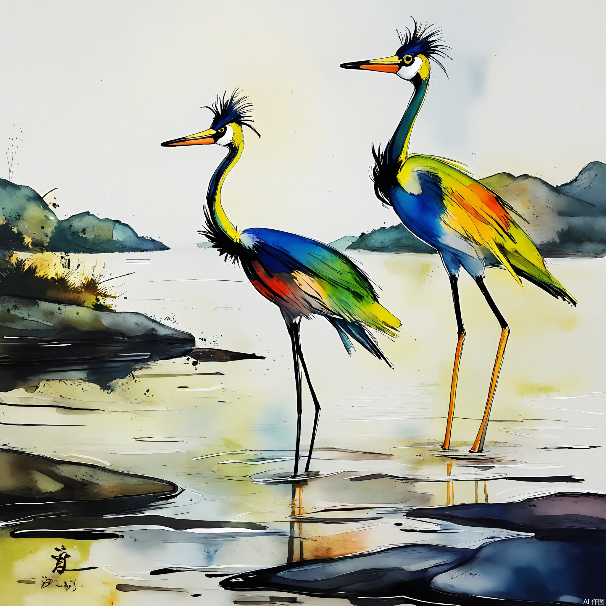 PMSC, A tranquil, Chinese ink-wash watercolor of a heron standing in a shallow stream, with a blue and gray color scheme complemented by subtle white highlights. The heron's feathers are portrayed with soft, graceful strokes, conveying its calm and poised demeanor. The white background enhances the serenity of the scene, creating a peaceful and contemplative atmosphere.
