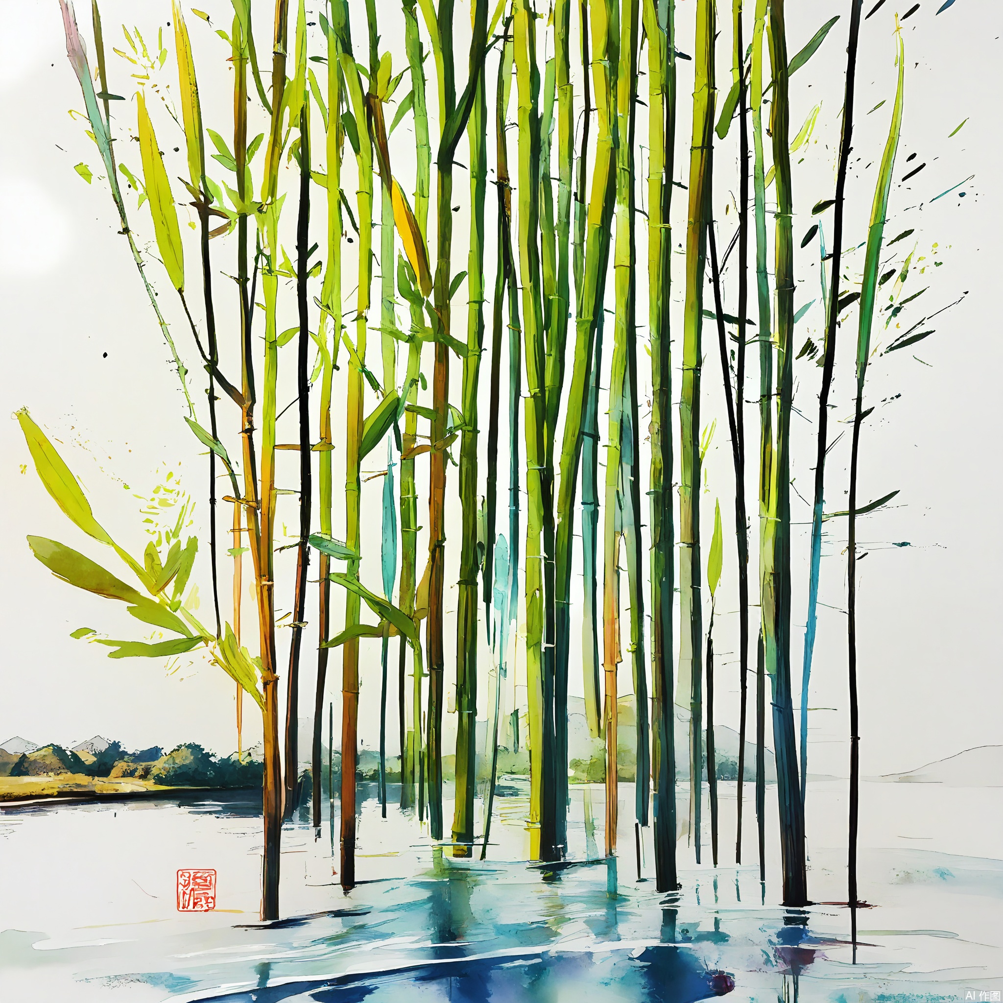 PMSC, A serene, Chinese ink-wash watercolor of a willow tree by a riverbank, with a soft green and brown color scheme complemented by subtle white highlights. The willow branches are rendered with gentle, flowing lines, symbolizing flexibility and grace. The white background enhances the tranquility of the scene, creating a peaceful and relaxing composition.
