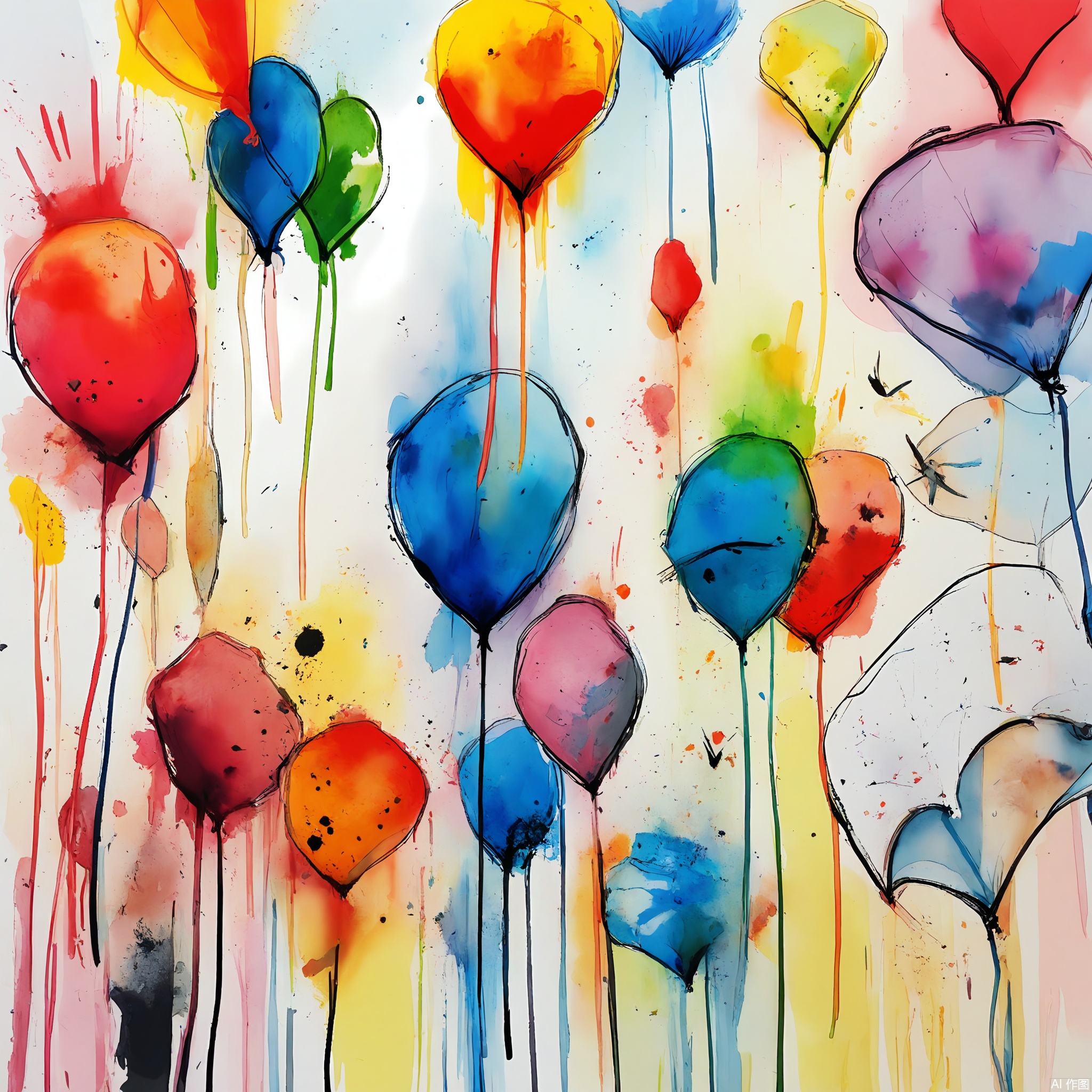 PMSC, A lively, Chinese ink-wash watercolor of a group of children flying kites on a sunny day, in a colorful palette of red, yellow, blue, and green. The children's clothes and kites are depicted with vibrant, energetic brushwork, reflecting their joy and excitement. The white background provides a bright and open space for the scene to unfold, creating a cheerful and uplifting atmosphere.

