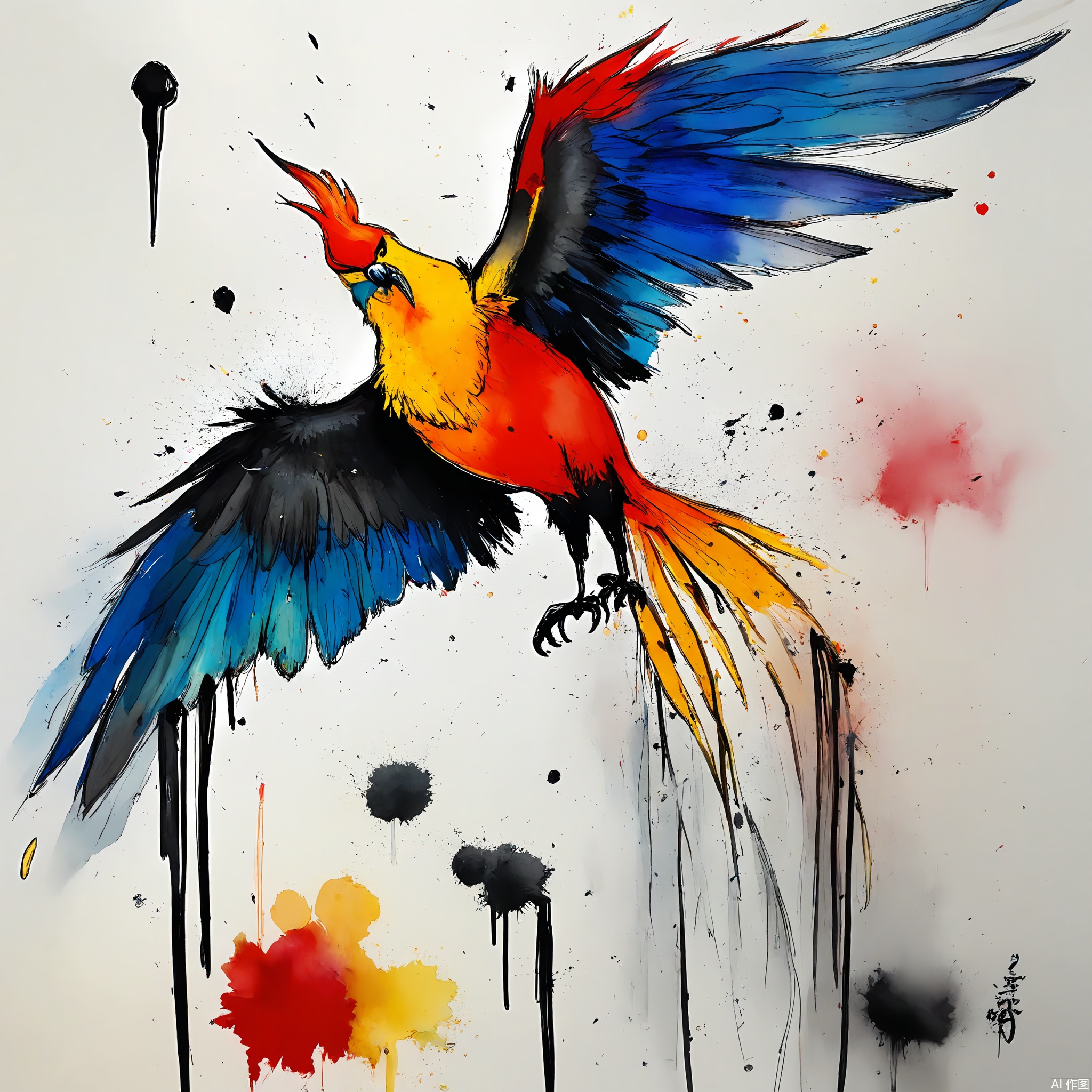 PMSC, A majestic, Chinese ink-wash watercolor of a phoenix rising from ashes, with a red and gold color palette highlighted by touches of black and white. The phoenix's feathers are portrayed with bold, powerful brushstrokes, conveying its rebirth and transformation. The white background emphasizes the phoenix's triumph over adversity, creating a dramatic and inspiring composition.
