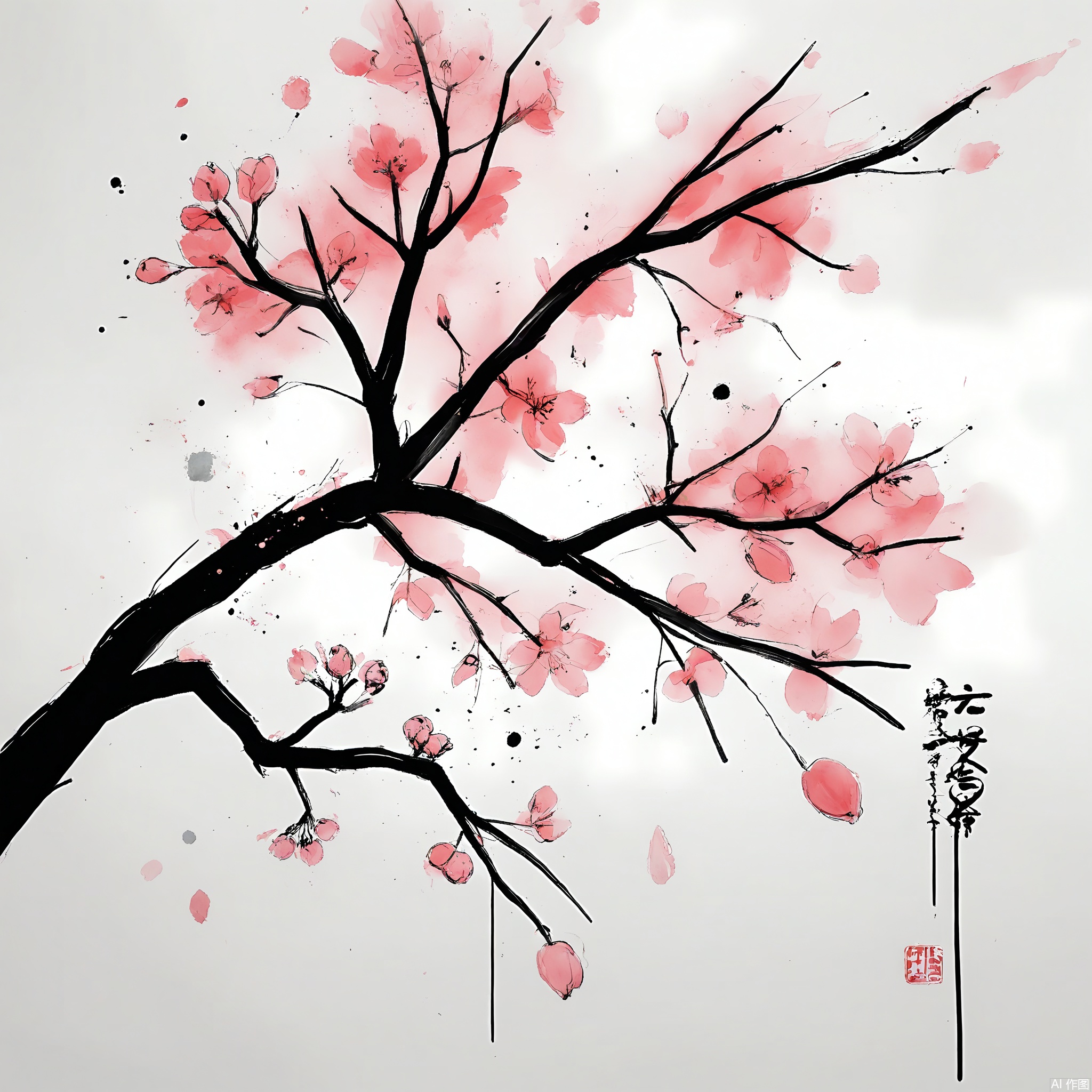 PMSC, A delicate, Chinese ink-wash watercolor of a cherry blossom branch in spring, in a soft pink and white color scheme with subtle green accents. The cherry blossoms are rendered with gentle, blooming strokes, symbolizing beauty and renewal. The white background highlights the branch's elegance and fragility, creating a serene and romantic scene.
