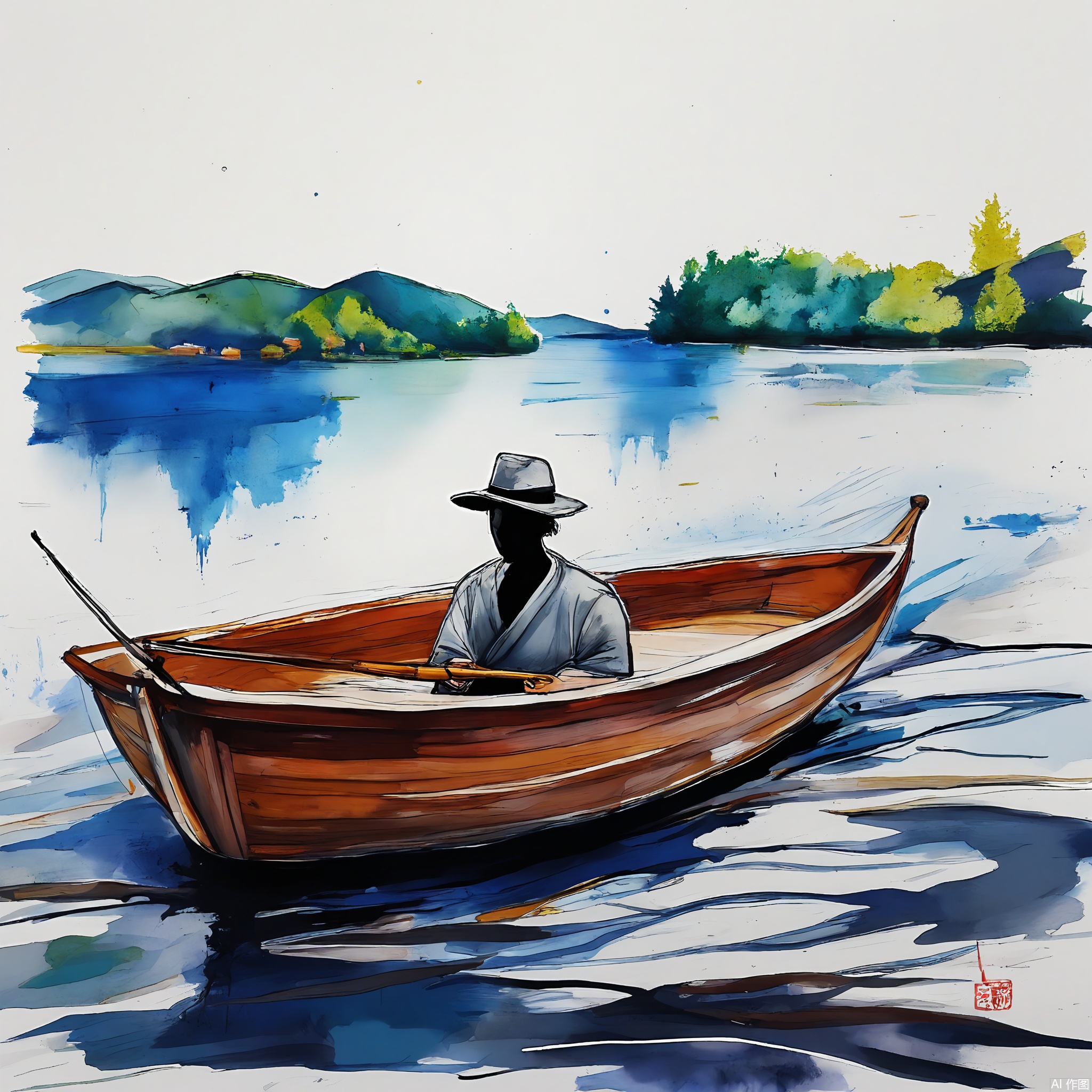 PMSC, A tranquil, Chinese ink-wash watercolor of a fisherman rowing a boat on a calm lake at dawn, with a soft blue and gray color scheme complemented by subtle white highlights. The fisherman's silhouette and the boat are depicted with simple, confident lines, while the lake and sky are rendered with gentle, flowing strokes. The white background enhances the sense of peace and solitude, creating a meditative and contemplative atmosphere.
