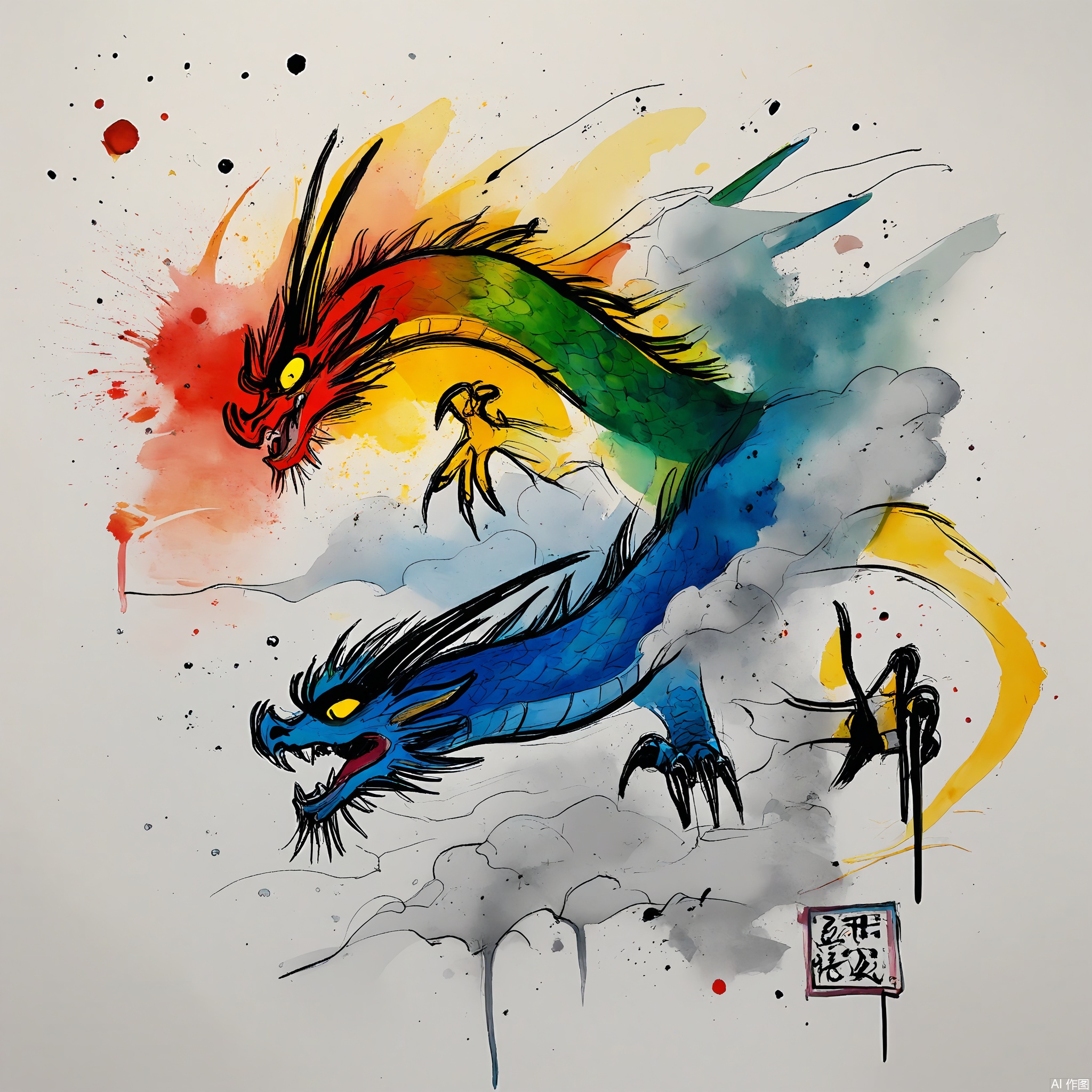 PMSC, A majestic, Chinese ink-wash watercolor of a dragon soaring through the clouds, with a gold and red color palette highlighted by touches of blue and green. The dragon's scales and claws are portrayed with bold, powerful brushstrokes, conveying its mythical and awe-inspiring nature. The white background emphasizes the dragon's dominance in the sky, creating a dramatic and dynamic composition.
