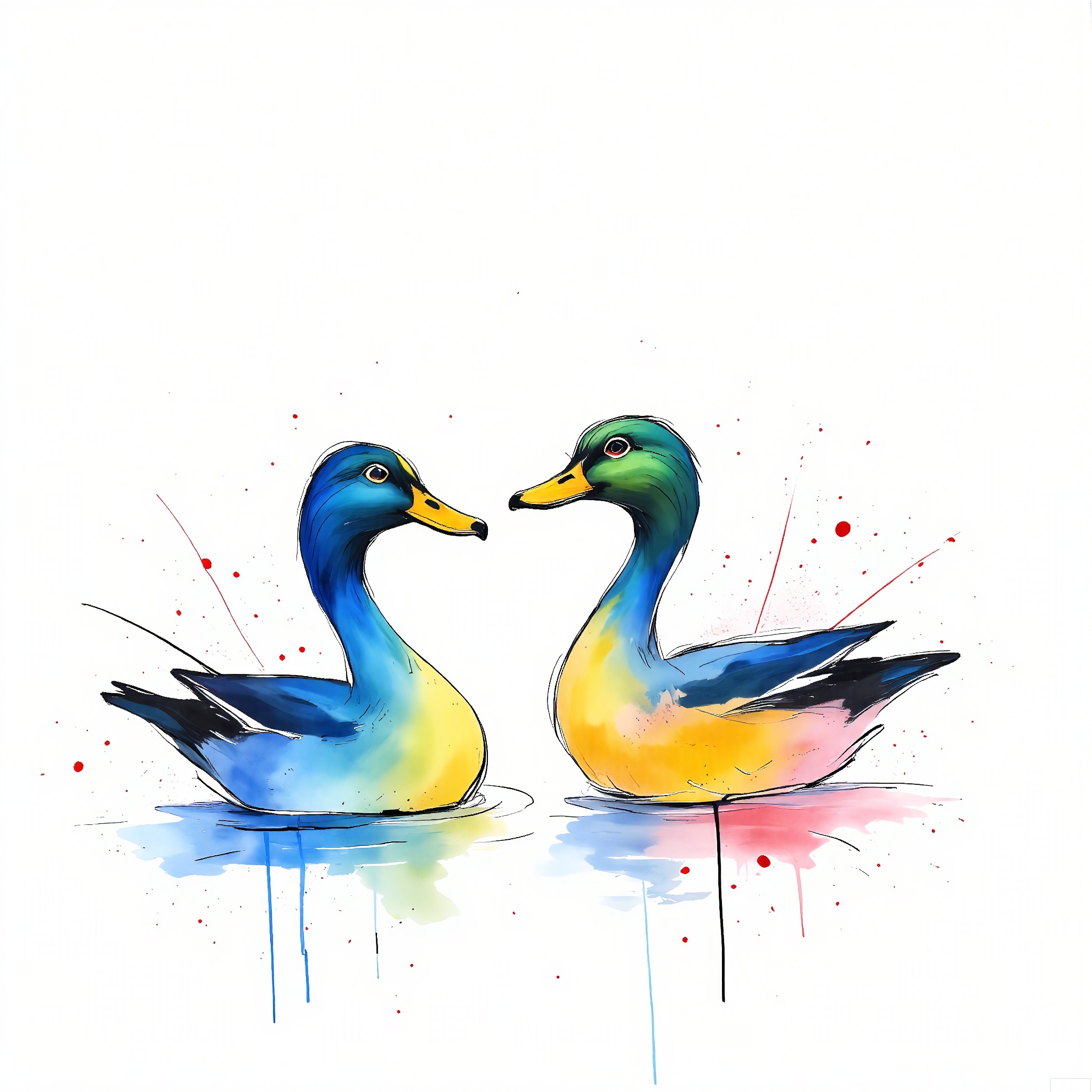 PMSC, A charming, Chinese ink-wash watercolor of a pair of mandarin ducks swimming on a tranquil pond, in a soft blue and green color scheme with touches of pink and yellow. The ducks' feathers are portrayed with gentle, curving lines, reflecting their grace and harmony. The simple white background enhances the serenity of the scene, evoking a sense of peace and love.
