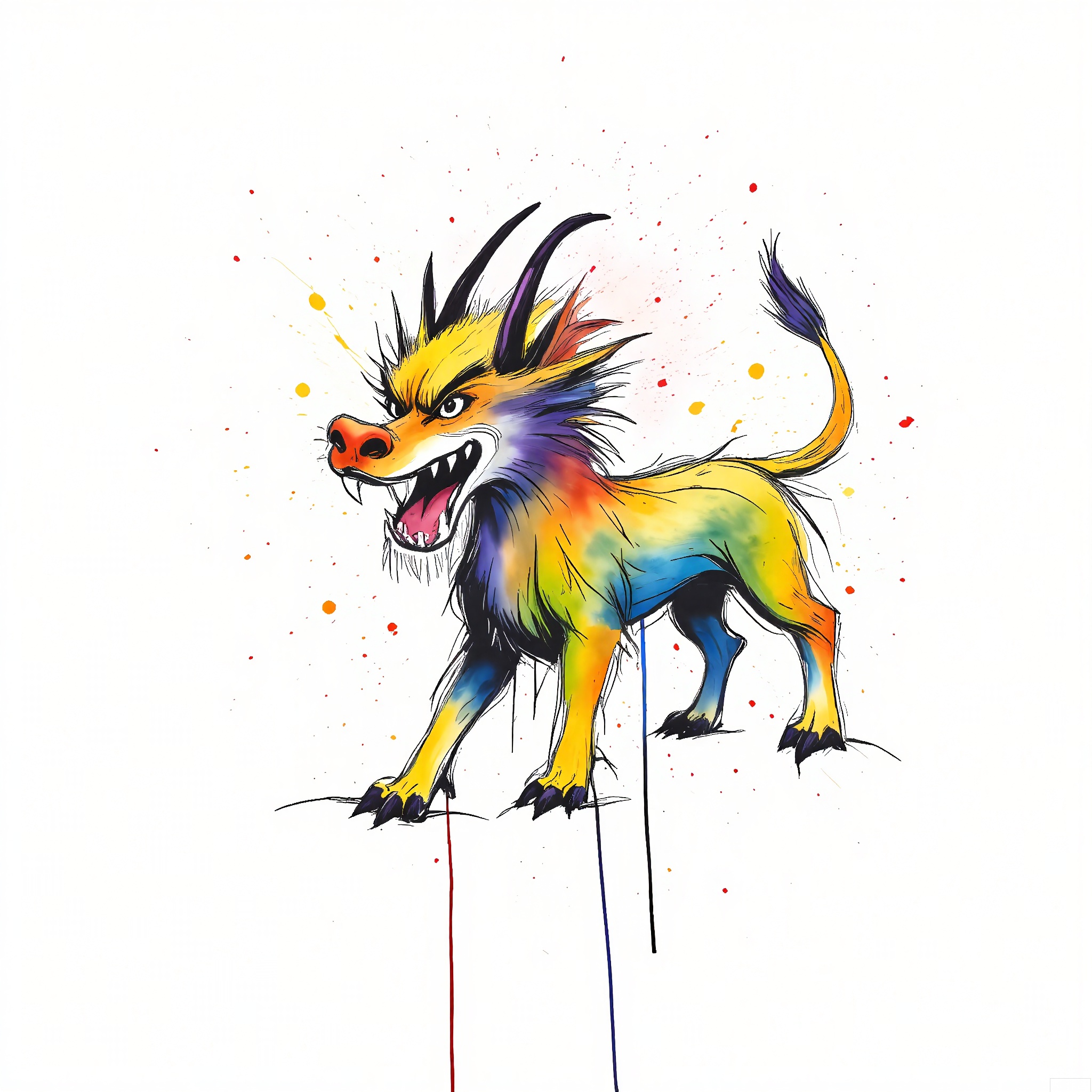 PMSC, A mystical, Chinese ink-wash watercolor of a qilin (a mythical creature) amidst misty mountains, with a gold and purple color palette highlighted by touches of blue and green. The qilin's scales and mane are portrayed with bold, magical brushstrokes, conveying its divine and benevolent nature. The white background enhances the sense of mystery and wonder, creating a dreamy and enchanting composition.
