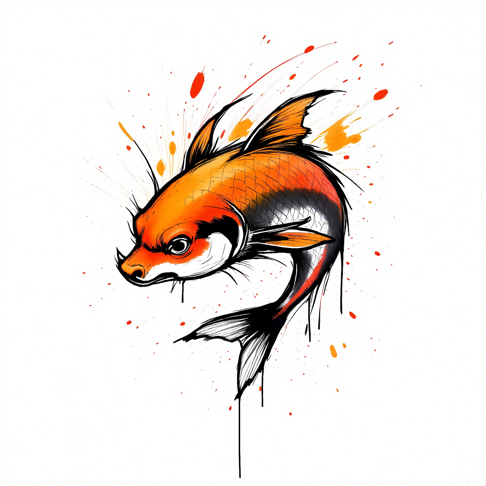 PMSC, A lively, Chinese ink-wash watercolor painting of a koi fish leaping out of water, featuring a vibrant orange and white color palette with bold black accents. The fish's scales are depicted with dynamic, energetic brushwork, showcasing its vitality and strength. The white background provides a clean contrast, making the koi fish the center of attention in this spirited composition.
