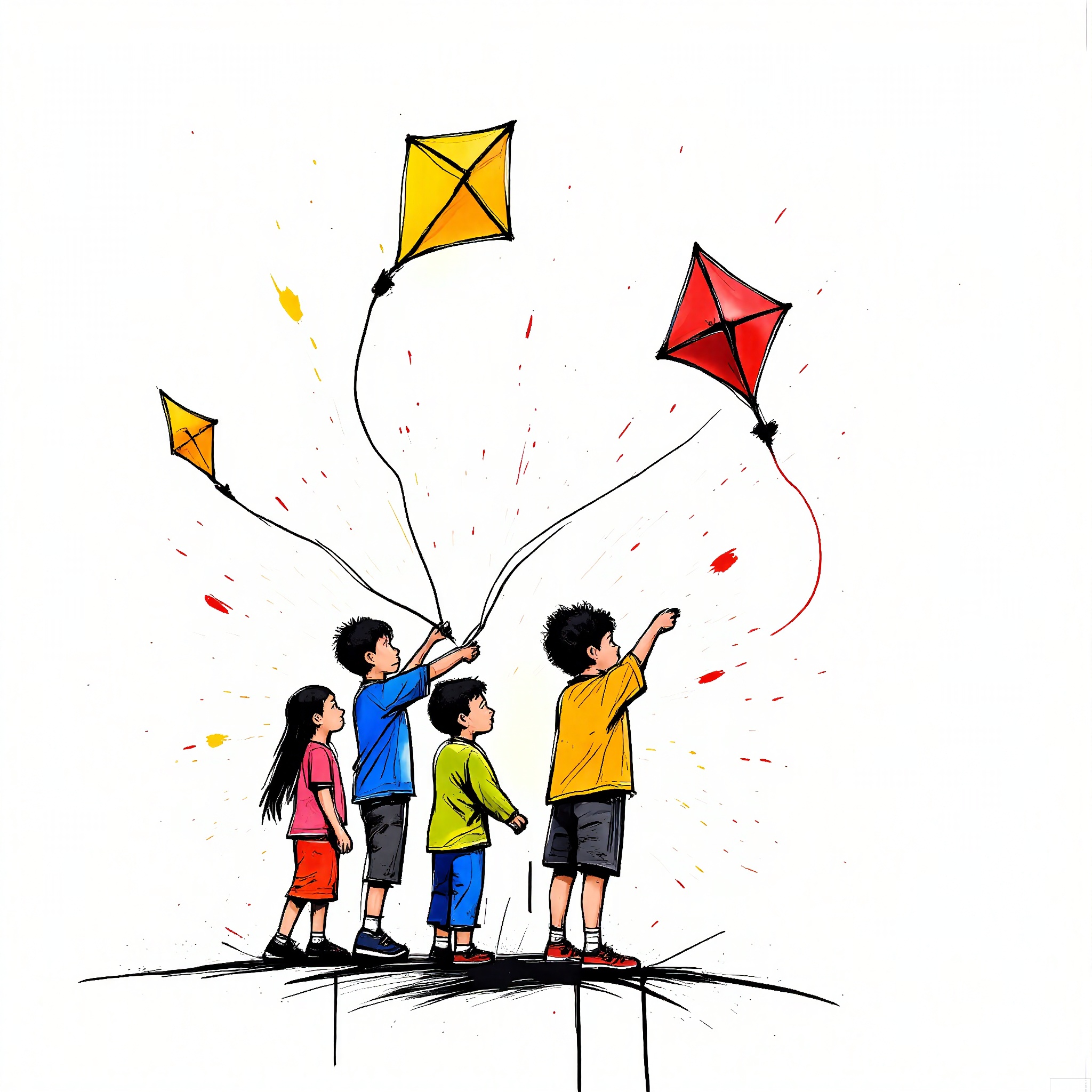 PMSC, A lively, Chinese ink-wash watercolor of a group of children flying kites on a sunny day, in a colorful palette of red, yellow, blue, and green. The children's clothes and kites are depicted with vibrant, energetic brushwork, reflecting their joy and excitement. The white background provides a bright and open space for the scene to unfold, creating a cheerful and uplifting atmosphere.
