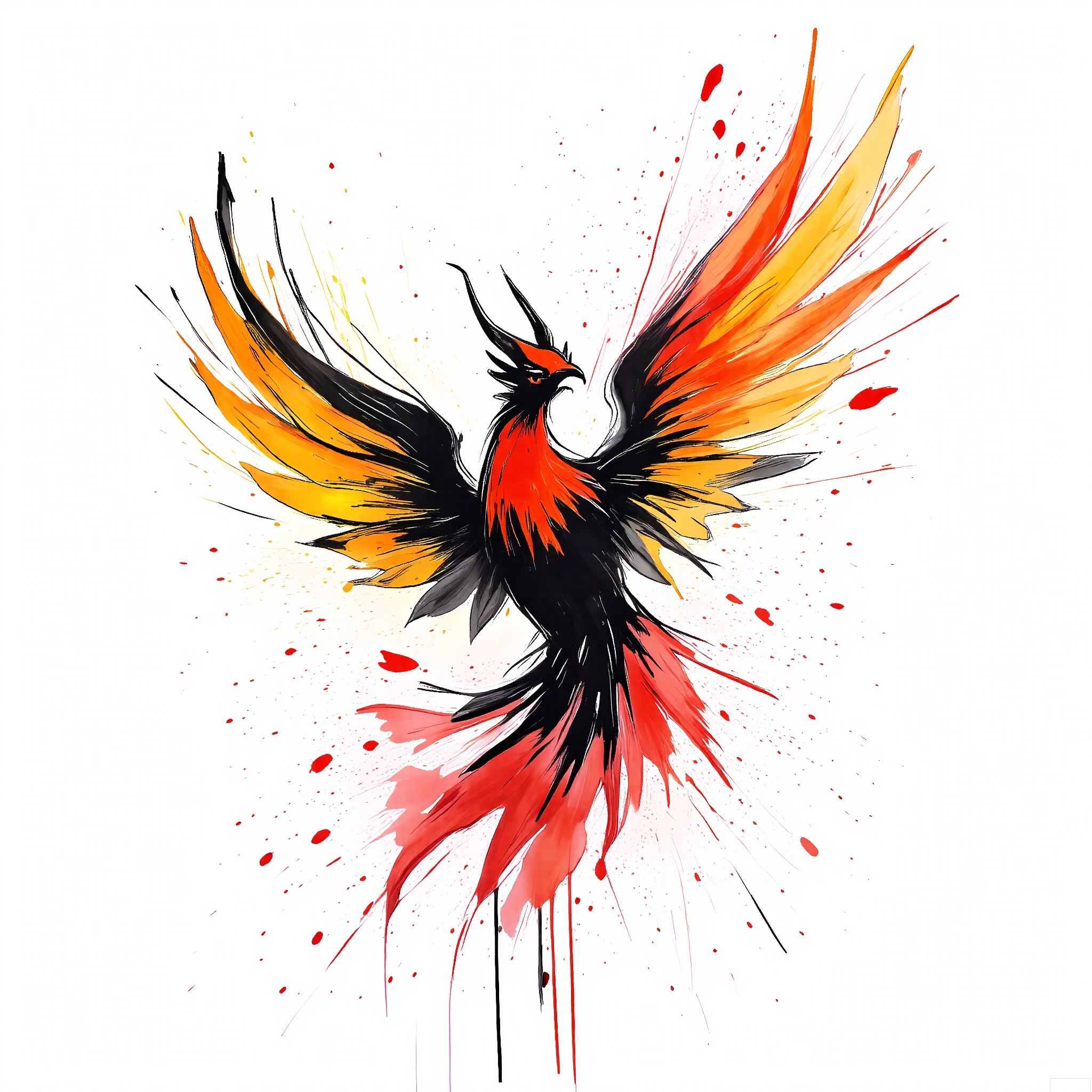 PMSC, A majestic, Chinese ink-wash watercolor of a phoenix rising from ashes, with a red and gold color palette highlighted by touches of black and white. The phoenix's feathers are portrayed with bold, powerful brushstrokes, conveying its rebirth and transformation. The white background emphasizes the phoenix's triumph over adversity, creating a dramatic and inspiring composition.
