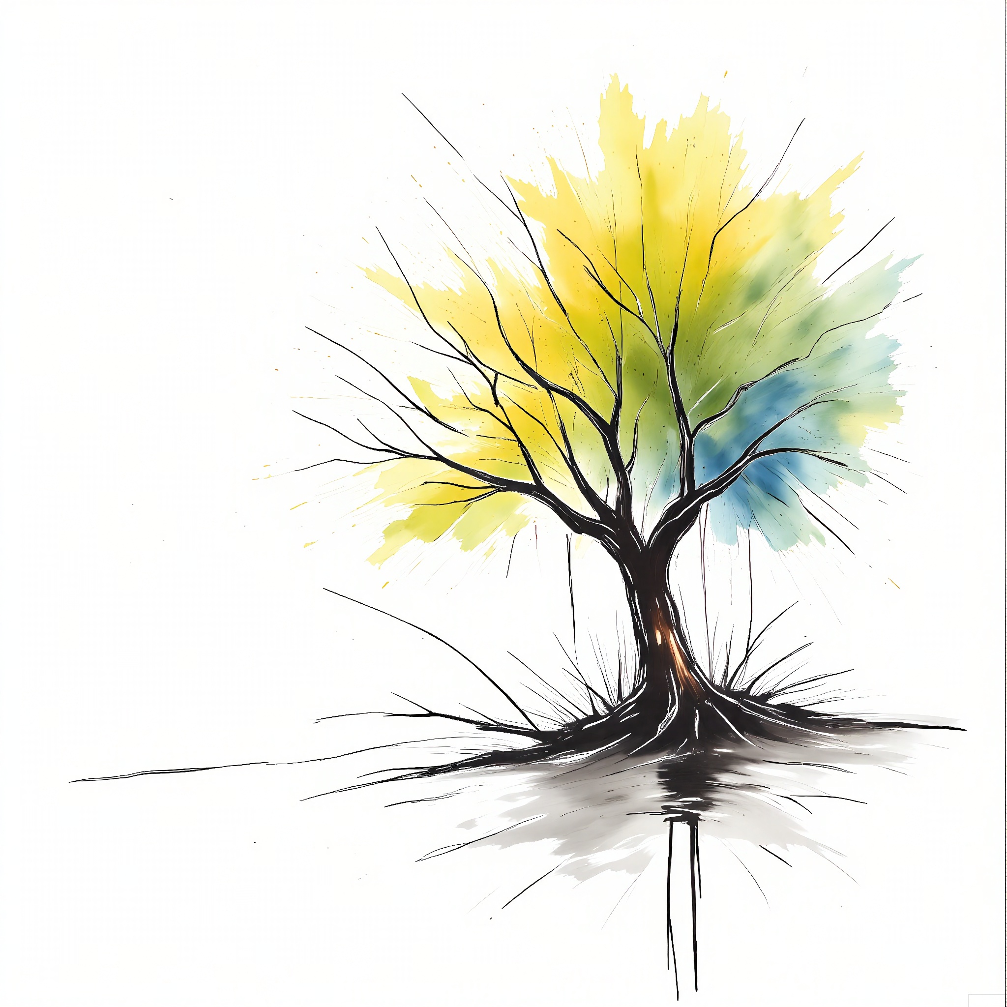 PMSC, A serene, Chinese ink-wash watercolor of a willow tree by a riverbank, with a soft green and brown color scheme complemented by subtle white highlights. The willow branches are rendered with gentle, flowing lines, symbolizing flexibility and grace. The white background enhances the tranquility of the scene, creating a peaceful and relaxing composition.

