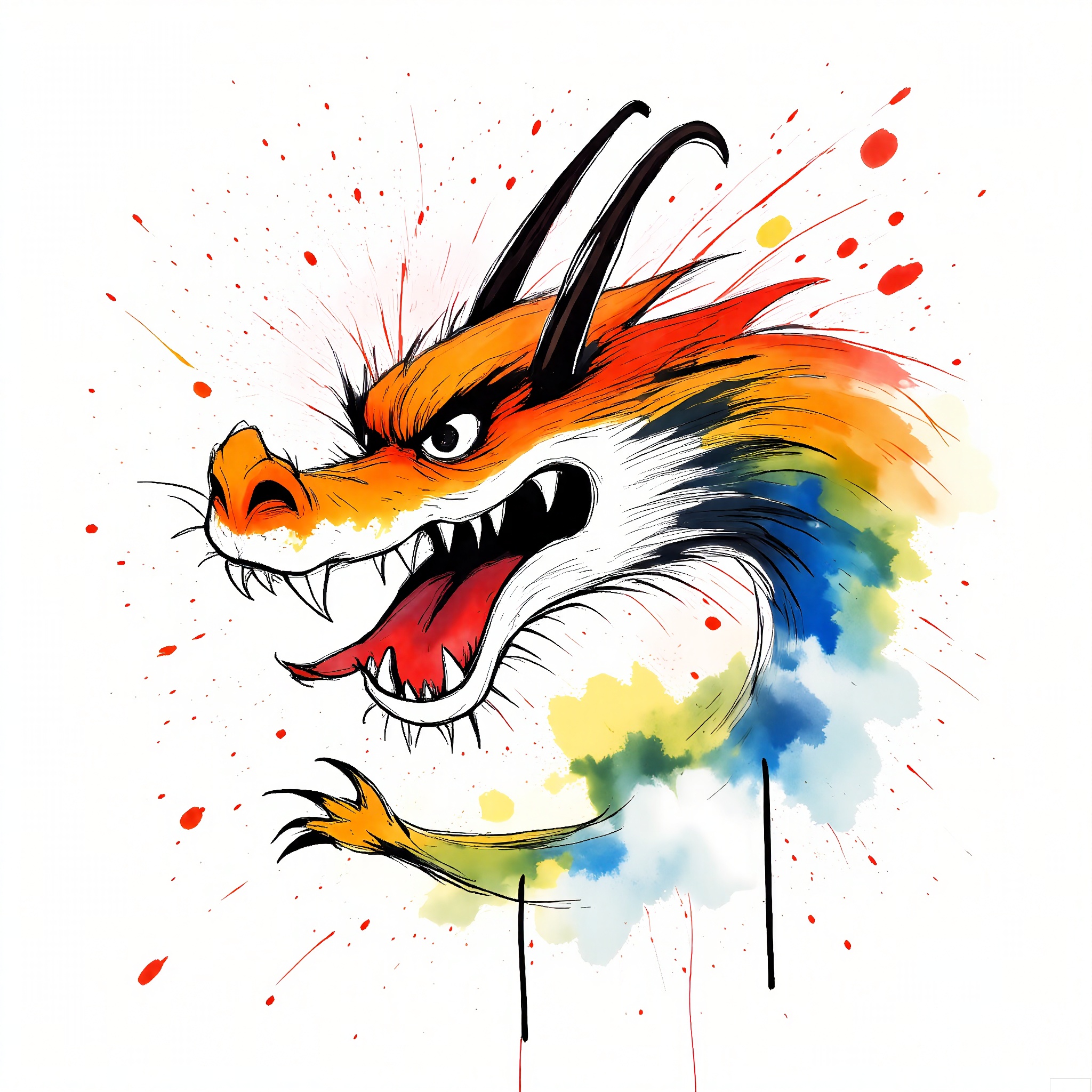 PMSC, A majestic, Chinese ink-wash watercolor of a dragon soaring through the clouds, with a gold and red color palette highlighted by touches of blue and green. The dragon's scales and claws are portrayed with bold, powerful brushstrokes, conveying its mythical and awe-inspiring nature. The white background emphasizes the dragon's dominance in the sky, creating a dramatic and dynamic composition.
