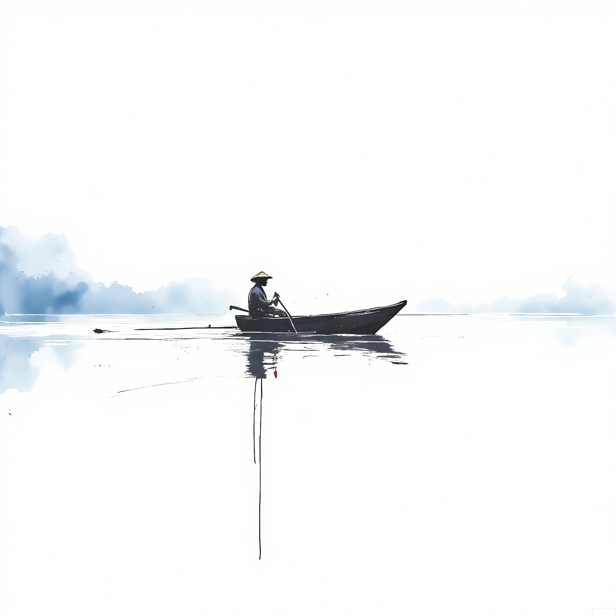PMSC, A tranquil, Chinese ink-wash watercolor of a fisherman rowing a boat on a calm lake at dawn, with a soft blue and gray color scheme complemented by subtle white highlights. The fisherman's silhouette and the boat are depicted with simple, confident lines, while the lake and sky are rendered with gentle, flowing strokes. The white background enhances the sense of peace and solitude, creating a meditative and contemplative atmosphere.
