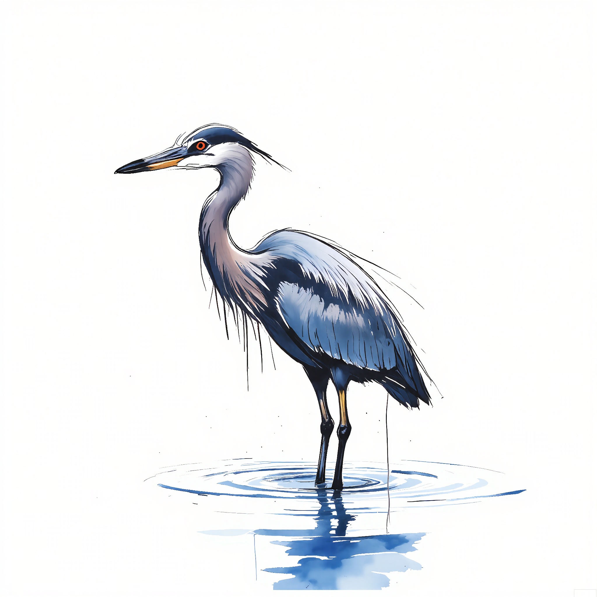 PMSC, A tranquil, Chinese ink-wash watercolor of a heron standing in a shallow stream, with a blue and gray color scheme complemented by subtle white highlights. The heron's feathers are portrayed with soft, graceful strokes, conveying its calm and poised demeanor. The white background enhances the serenity of the scene, creating a peaceful and contemplative atmosphere.

