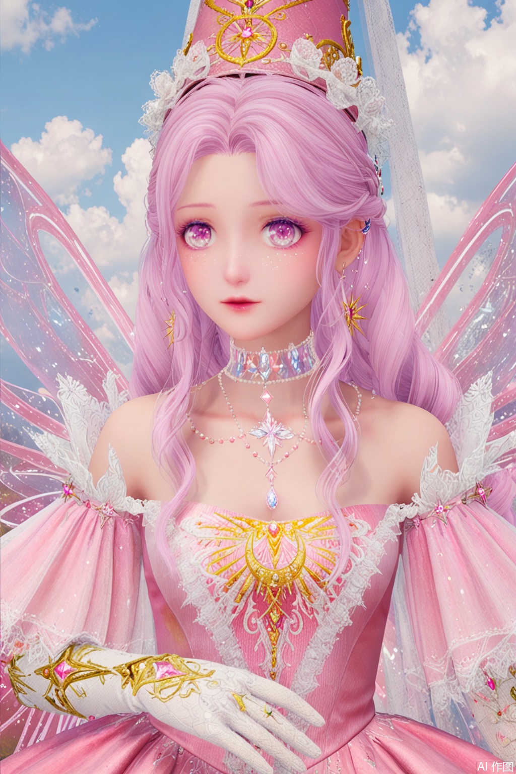1girl, solo, long hair, gloves, hat, dress, bare shoulders, jewelry, collarbone, upper body, pink hair, earrings, wings, choker, elbow gloves, cloud, white gloves, pink eyes, necklace, ring, crown, gem, pink dress