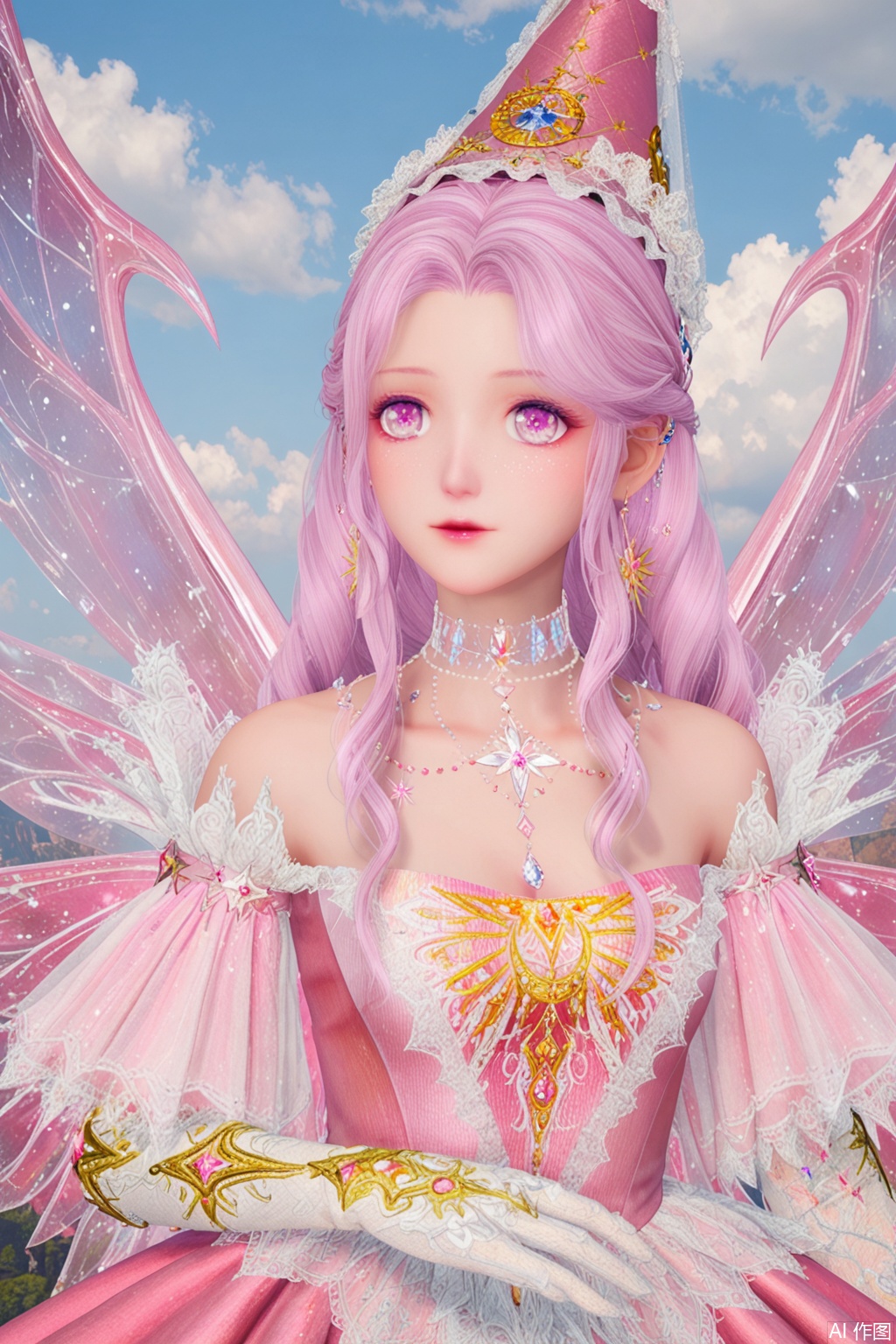 1girl, solo, long hair, gloves, hat, dress, bare shoulders, jewelry, collarbone, upper body, pink hair, earrings, wings, choker, elbow gloves, cloud, white gloves, pink eyes, necklace, ring, crown, gem, pink dress