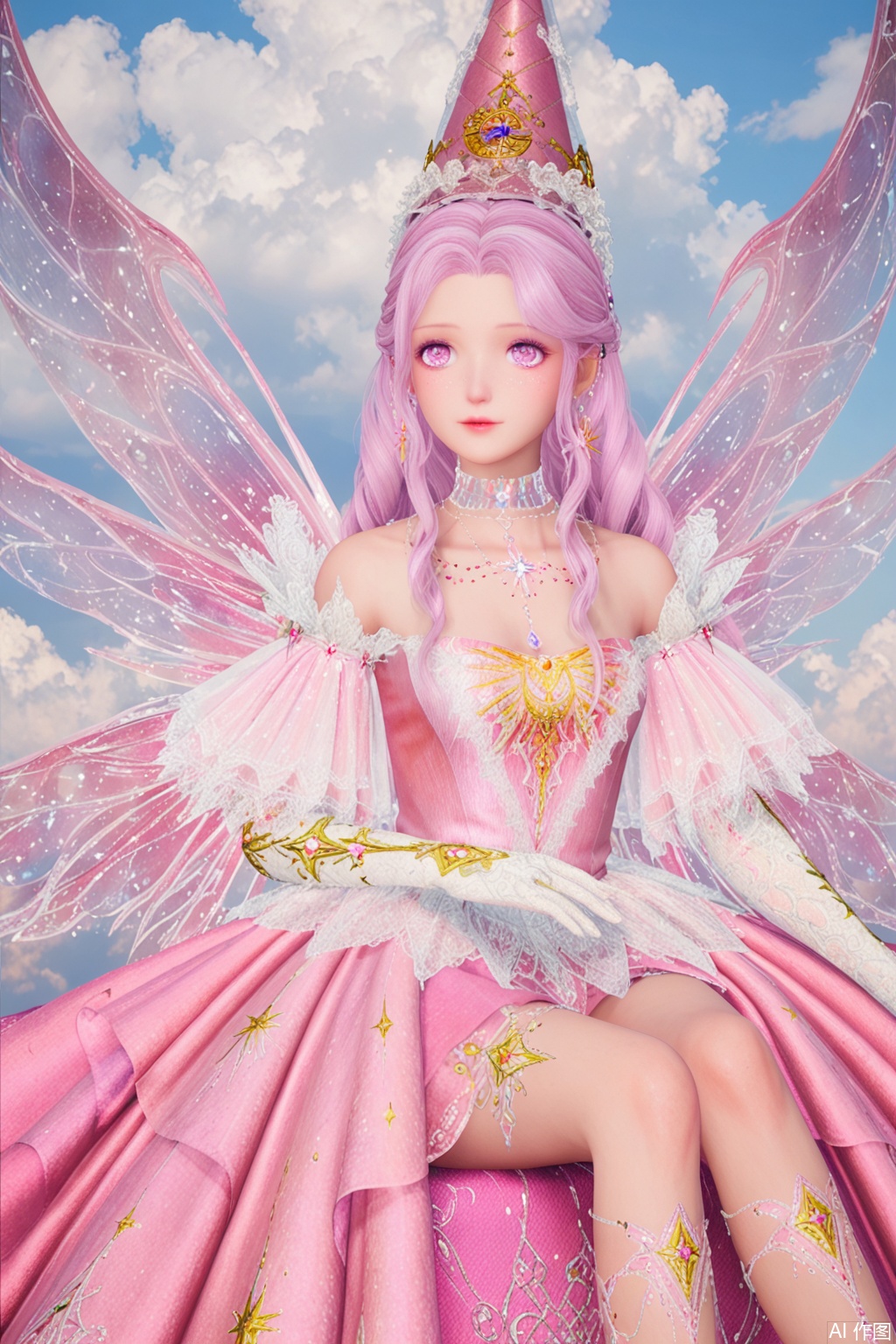 1girl, solo, long hair, gloves, hat, dress, bare shoulders, jewelry, collarbone,sitting, pink hair, earrings, wings, choker, elbow gloves, cloud, white gloves, pink eyes, necklace, ring, crown, gem, pink dress,long_legs,