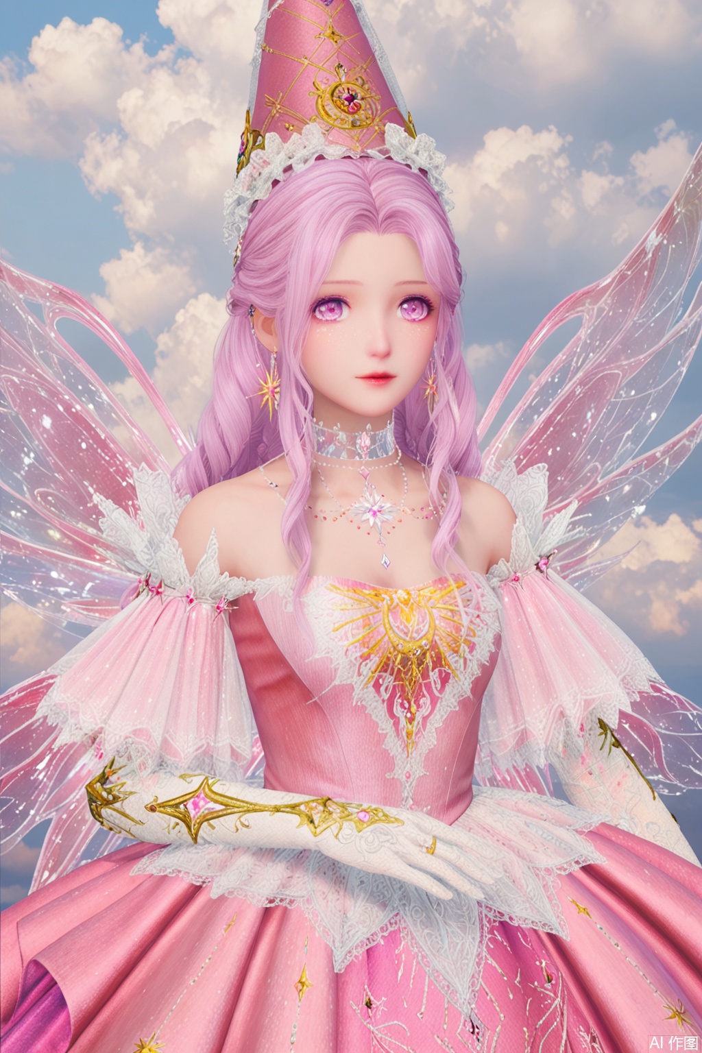 1girl, solo, long hair, gloves, hat, dress, bare shoulders, jewelry, collarbone, pink hair, earrings, wings, choker, elbow gloves, cloud, white gloves, pink eyes, necklace, ring, crown, gem, pink dress,