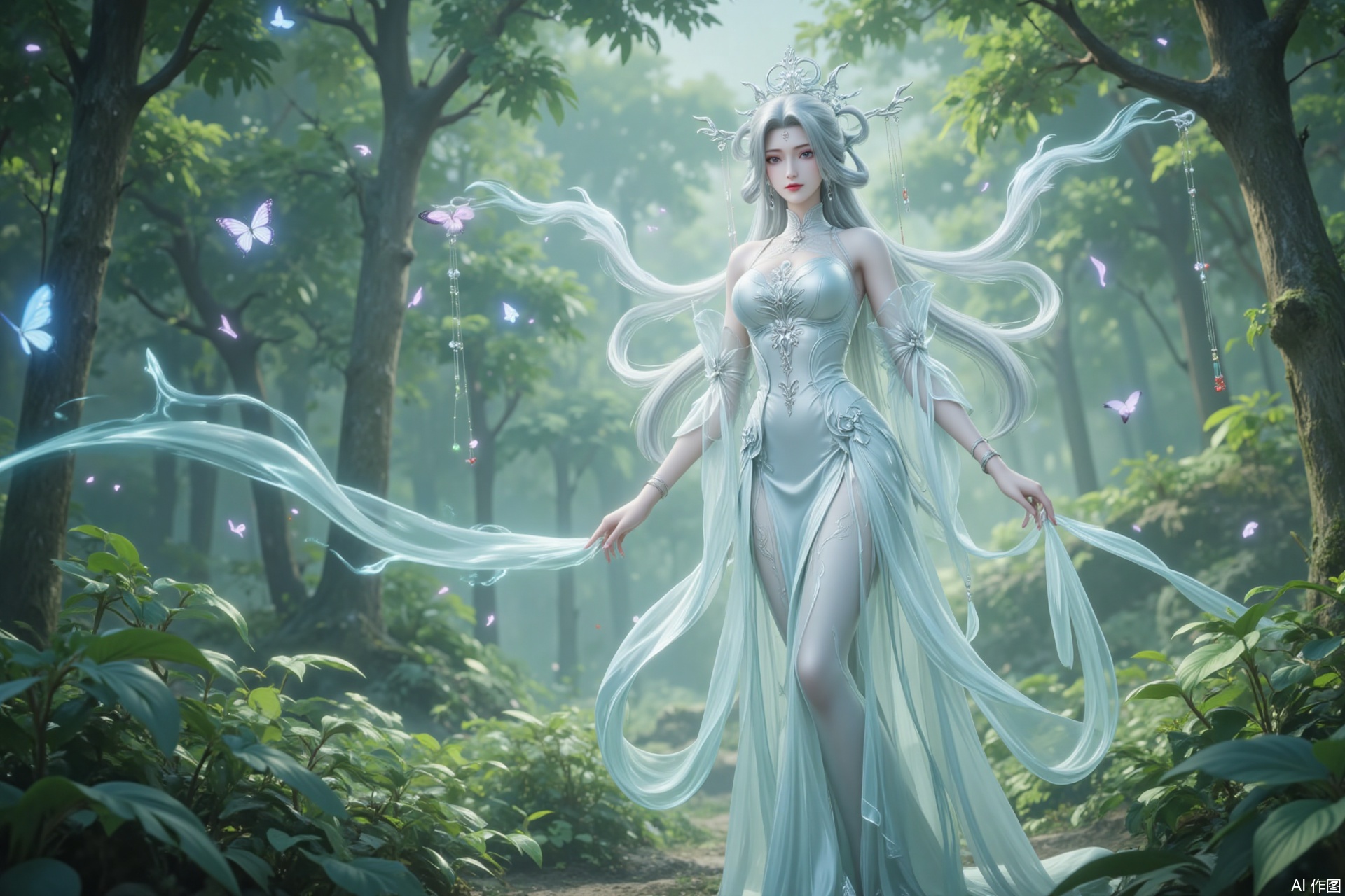 Bai from Zhu Xian walks through the verdant wilderness, her snow-white cheongsam glowing under the sun. Silvery hair cascades like liquid moonlight, while butterflies dance around her in ethereal patterns. Mystical energy shimmers in the air like scattered stardust, weaving an aura of celestial wonder into the lush landscape..,
xiaobai,lvjing,baoshi