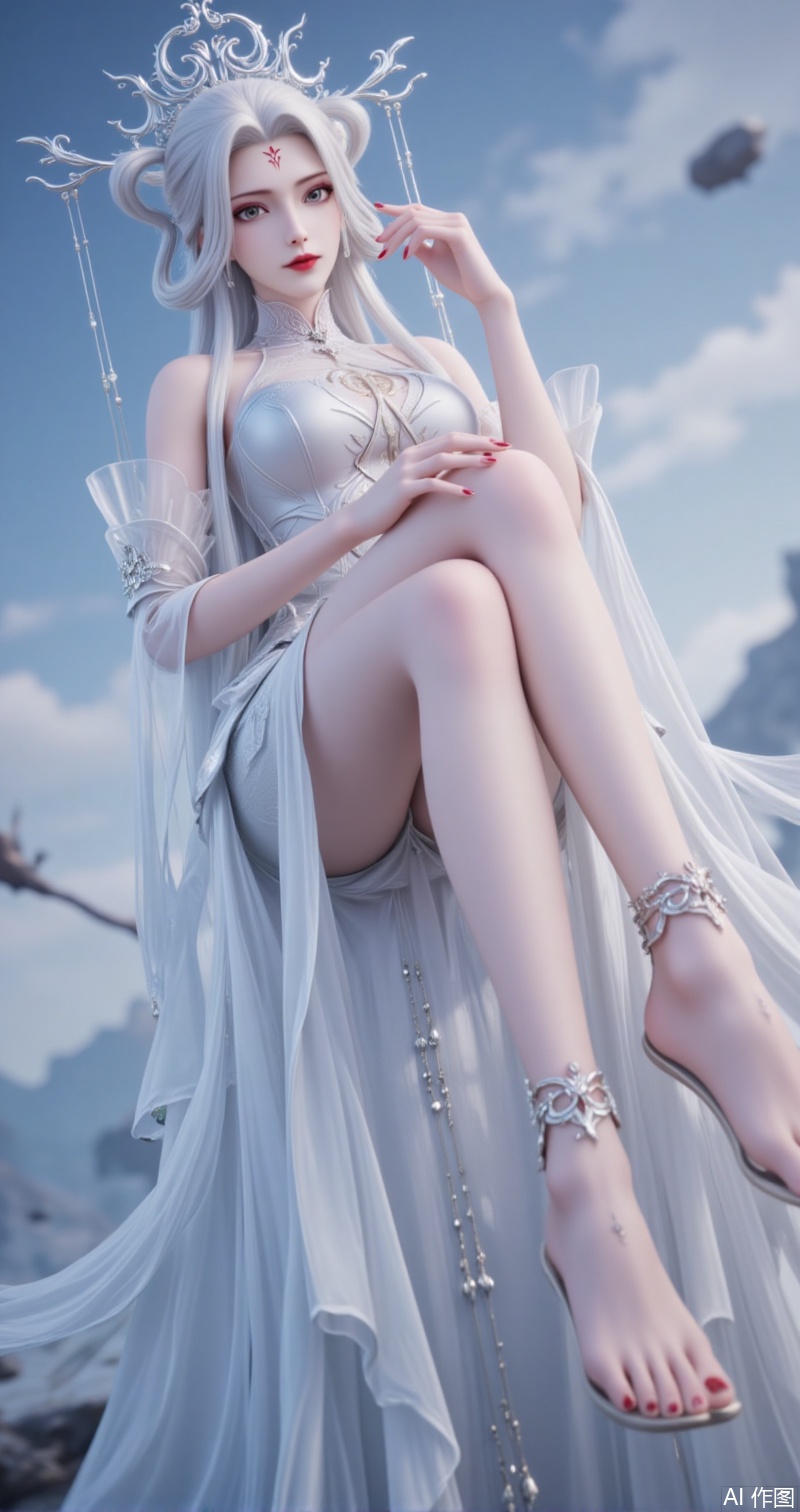 lvjing,xiaobai,1girl,solo,long hair,white hair,dress,facial mark,hair ornament,bare shoulders,forehead mark,white dress,red lips,detached sleeves,hair rings,makeup,looking at viewer,hair stick,grey eyes,1girl,toenail polish,barefoot,toenails,nail polish,anklet,feet,solo,dress,toes,jewelry,silver dress,legs,blurry,blurry background,foot focus,red nails,close-up,11,cover,gradient background,close-up details,outstanding style,adding a touch of dimension to your images without compromising details,close-up,