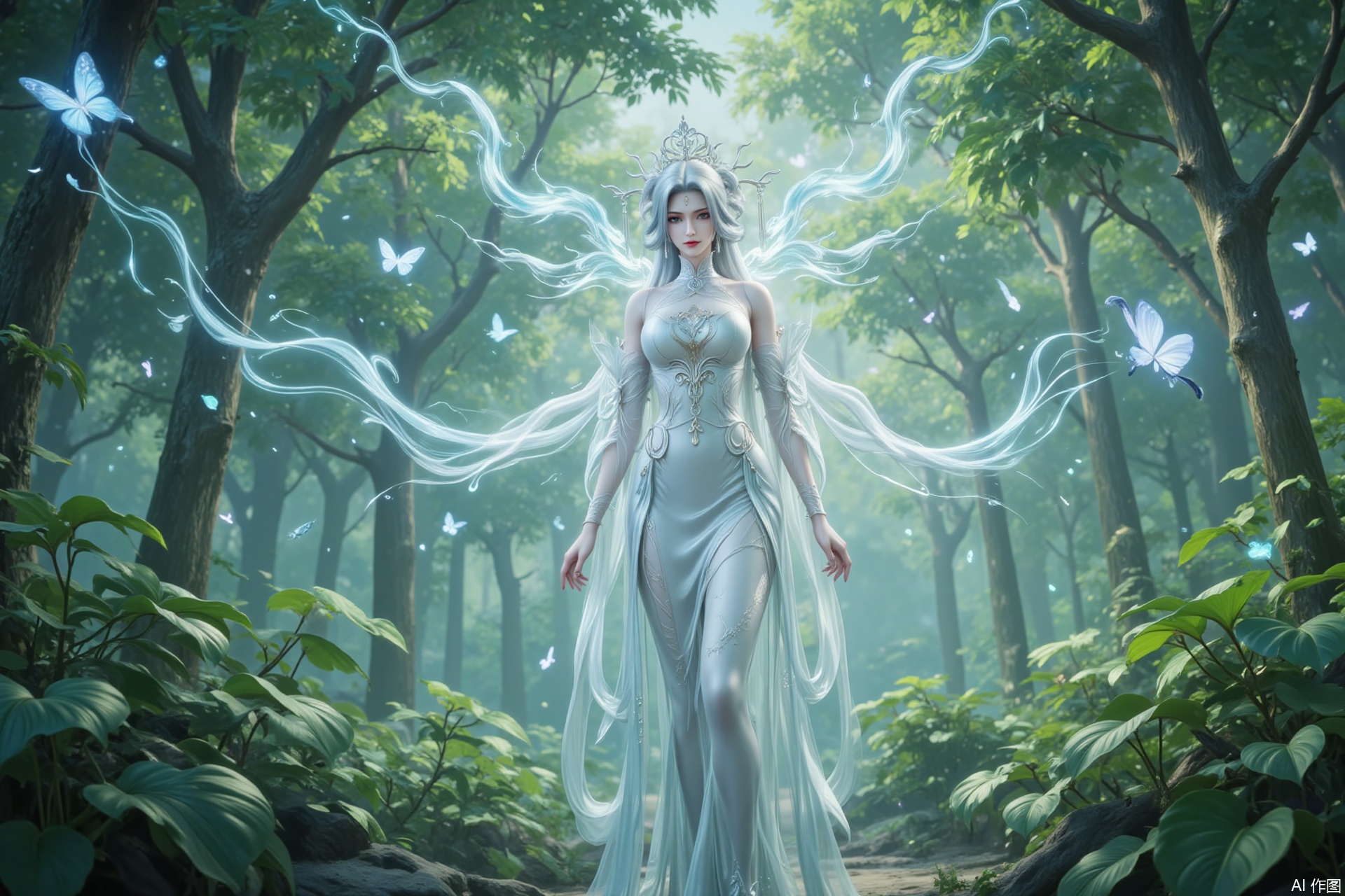 Bai from Zhu Xian walks through the verdant wilderness, her snow-white cheongsam glowing under the sun. Silvery hair cascades like liquid moonlight, while butterflies dance around her in ethereal patterns. Mystical energy shimmers in the air like scattered stardust, weaving an aura of celestial wonder into the lush landscape..,
xiaobai,lvjing,baoshi