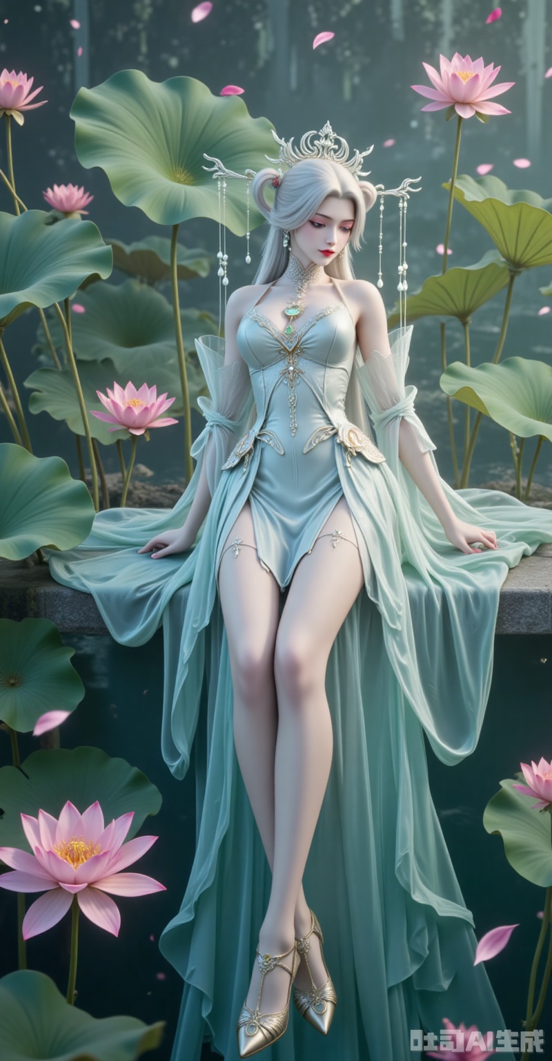 A gentle breeze carries the fragrance of lotus blossoms as Xiao Bai reclines upon a floating raft of lily pads, her moon-silver gown cascading like liquid starlight. Snow-white tresses flutter in the wind, the twelve-jade hairpin's pendants waltzing with falling cherry petals. Sheer stockings trace the elegant lines of her legs, while pearl-encrusted shoes skim the emerald waters, conjuring gilded ripples.

Shot from beneath the lotus leaves, the 8K resolution crystallizes her reflection amidst the sakura blizzard. When zephyrs caress the scene, the frame reveals stardust swirling in her moon-drop earrings and the 360 hidden lotus blossoms embroidered with celestial silk unfurling in slow motion.
lvjing,xiaobai