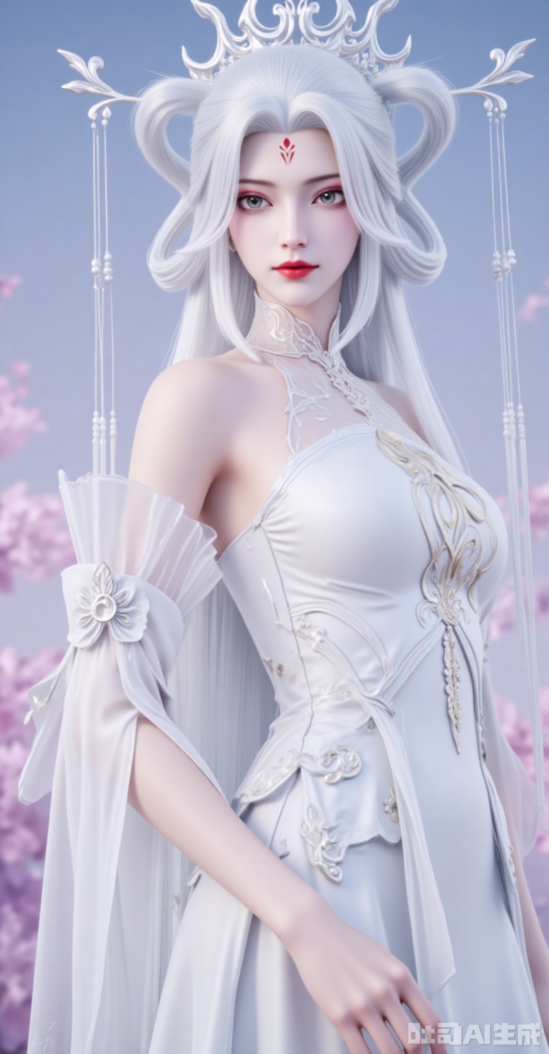 lvjing,guoman,xiaobai,1girl,solo,long hair,white hair,dress,facial mark,hair ornament,bare shoulders,forehead mark,white dress,red lips,detached sleeves,hair rings,makeup,looking at viewer,hair stick,grey eyes,cover,gradient background,close-up details,outstanding style,adding a touch of dimension to your images without compromising details,close-up