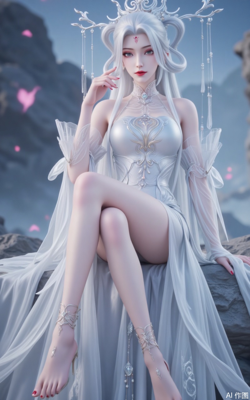 lvjing,guoman,xiaobai,1girl,solo,long hair,white hair,dress,facial mark,hair ornament,bare shoulders,forehead mark,white dress,red lips,detached sleeves,hair rings,makeup,looking at viewer,hair stick,grey eyes,
1girl,toenail polish,barefoot,toenails,nail polish,anklet,feet,solo,dress,toes,jewelry,silver dress,legs,blurry,blurry background,foot focus,red nails,close-up,11,
cover,gradient background,close-up details,outstanding style,adding a touch of dimension to your images without compromising details,close-up,
