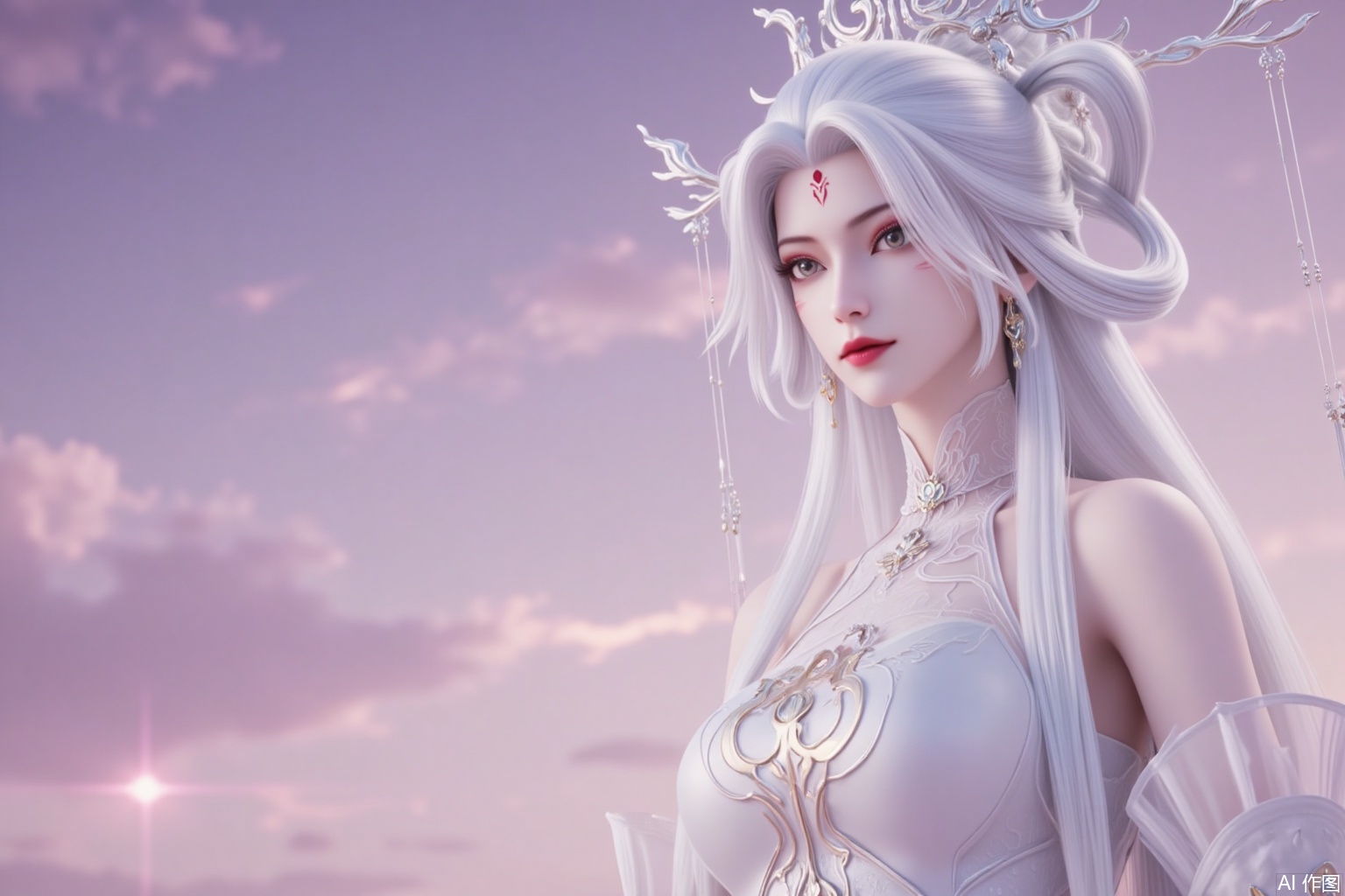 lvjing,guoman,xiaobai,1girl,solo,long hair,white hair,dress,facial mark,hair ornament,bare shoulders,forehead mark,white dress,red lips,detached sleeves,hair rings,makeup,looking at viewer,hair stick,grey eyes,cover,gradient background,close-up details,outstanding style,adding a touch of dimension to your images without compromising details,close-up