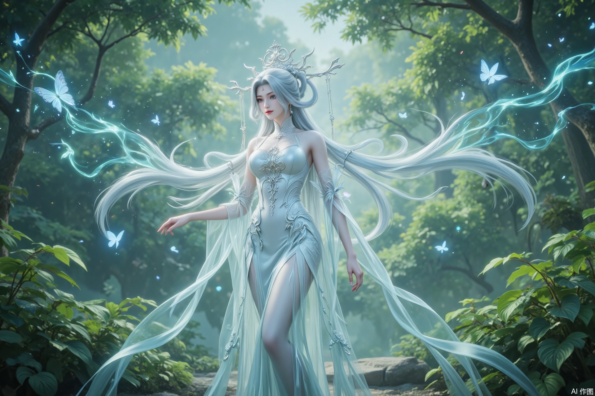 Bai from Zhu Xian walks through the verdant wilderness, her snow-white cheongsam glowing under the sun. Silvery hair cascades like liquid moonlight, while butterflies dance around her in ethereal patterns. Mystical energy shimmers in the air like scattered stardust, weaving an aura of celestial wonder into the lush landscape..,
xiaobai,lvjing,baoshi